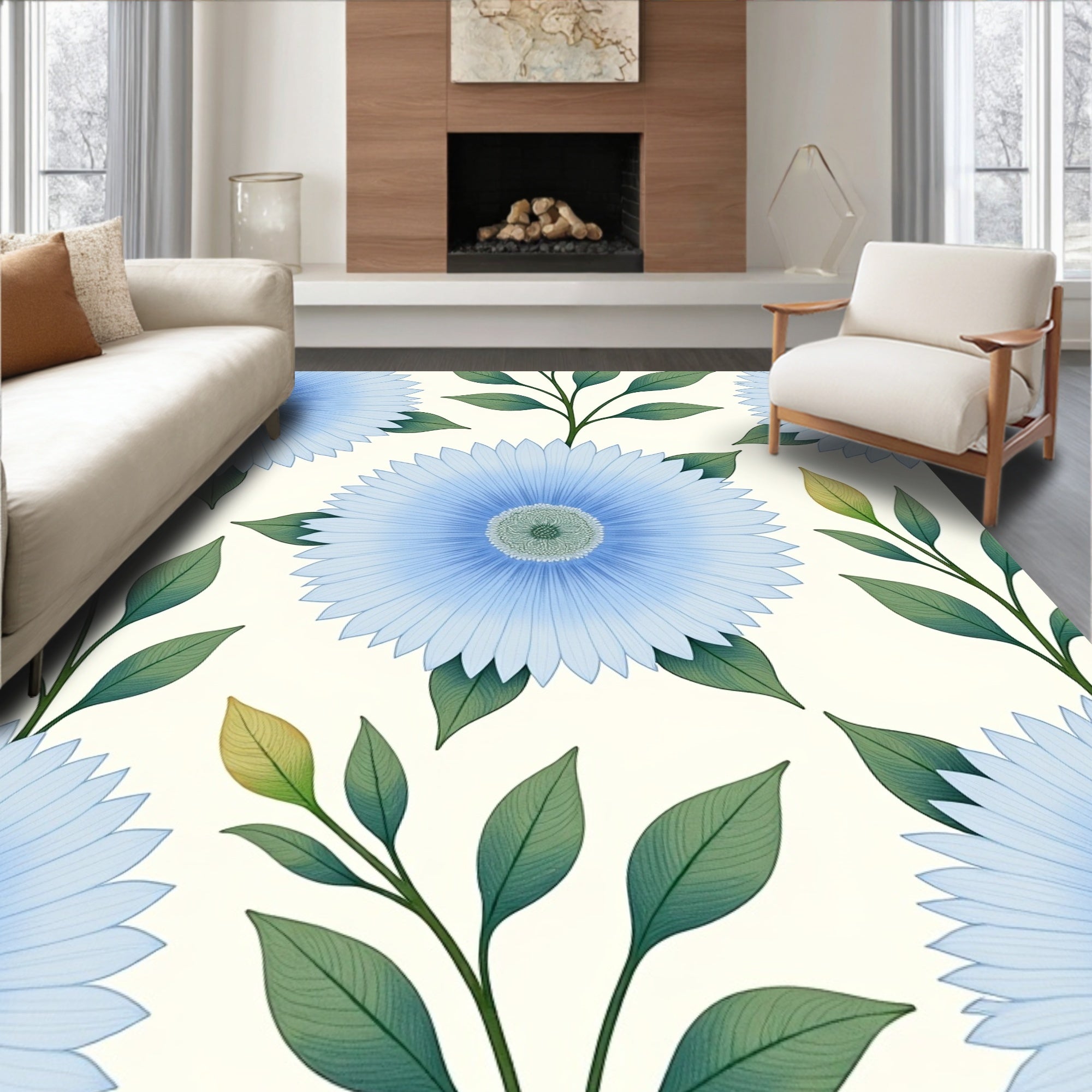 Delicate Blue Floral Pattern Rug