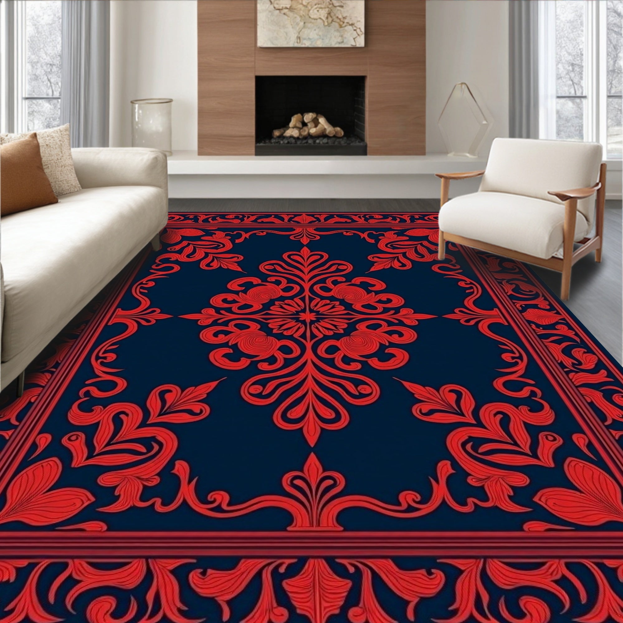 Traditional Red Floral Bordered Design Rug