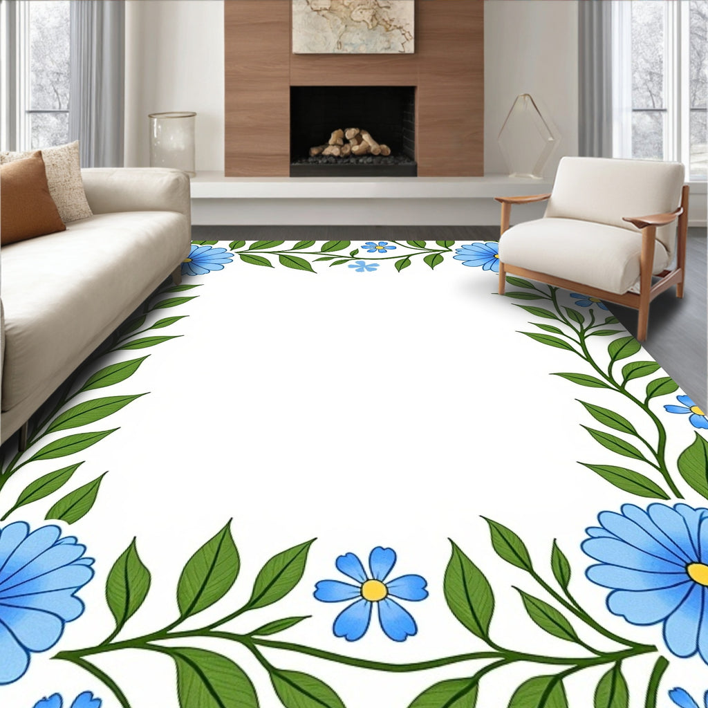 Blue Daisy Floral Vine Border Design Rug