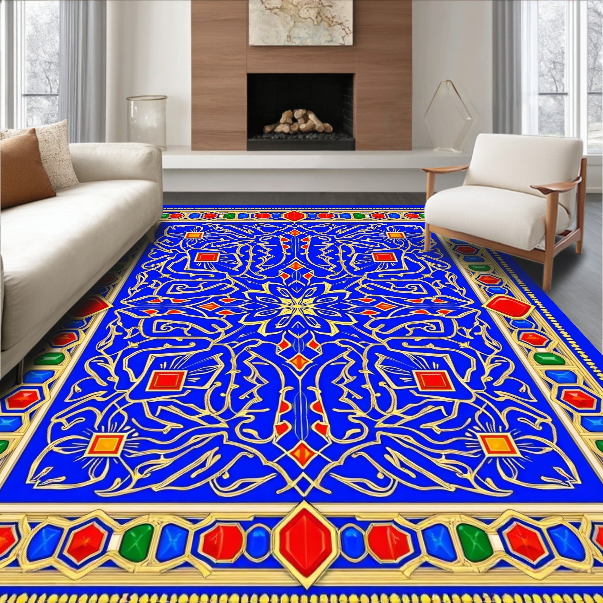 Royal Blue Geometric Gemstone Patterned Rug
