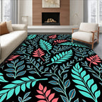 Aqua Coral Foliage Branches Black Background Rug