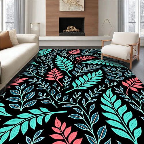 Aqua Coral Foliage Branches Black Background Rug