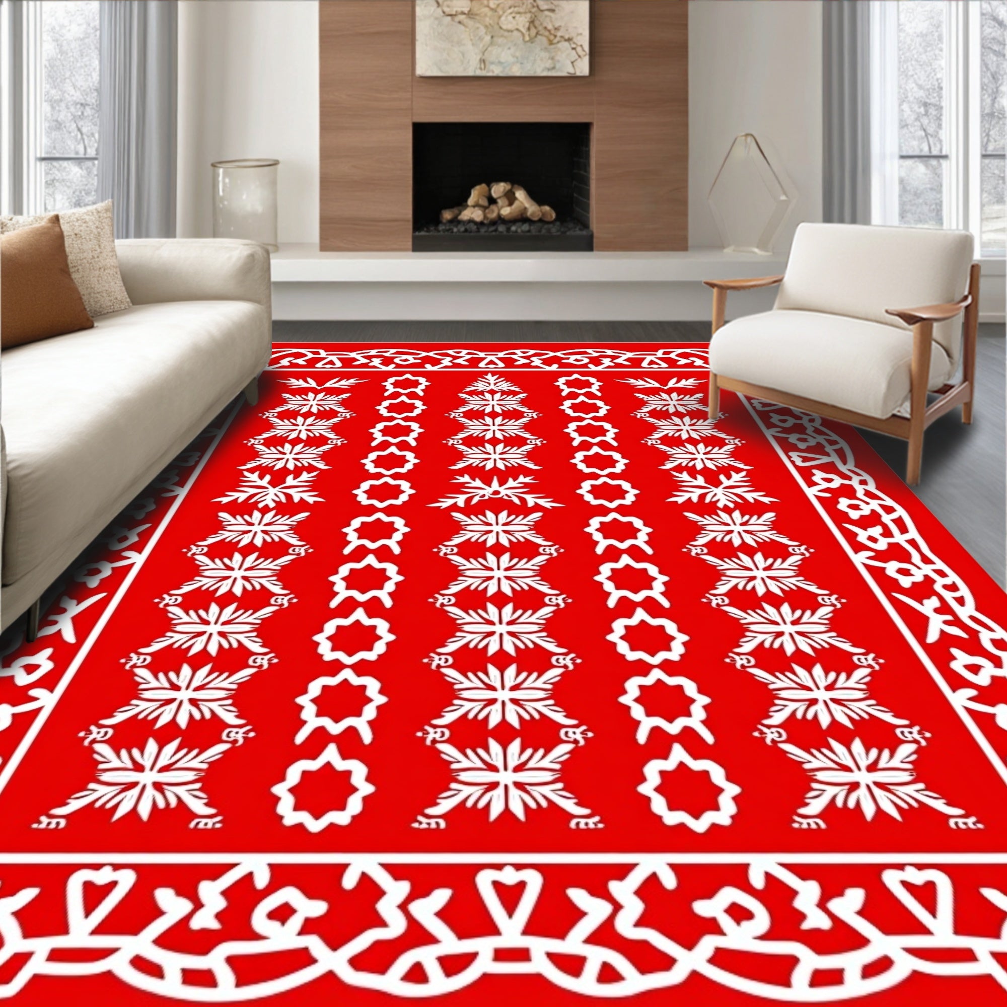 Red White Intricate Floral Pattern Rug