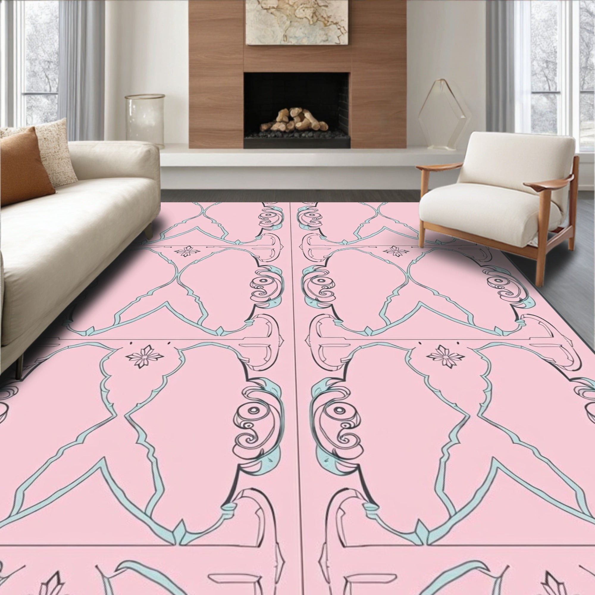 Ornate Pink Blue Pastel Scrollwork Rug