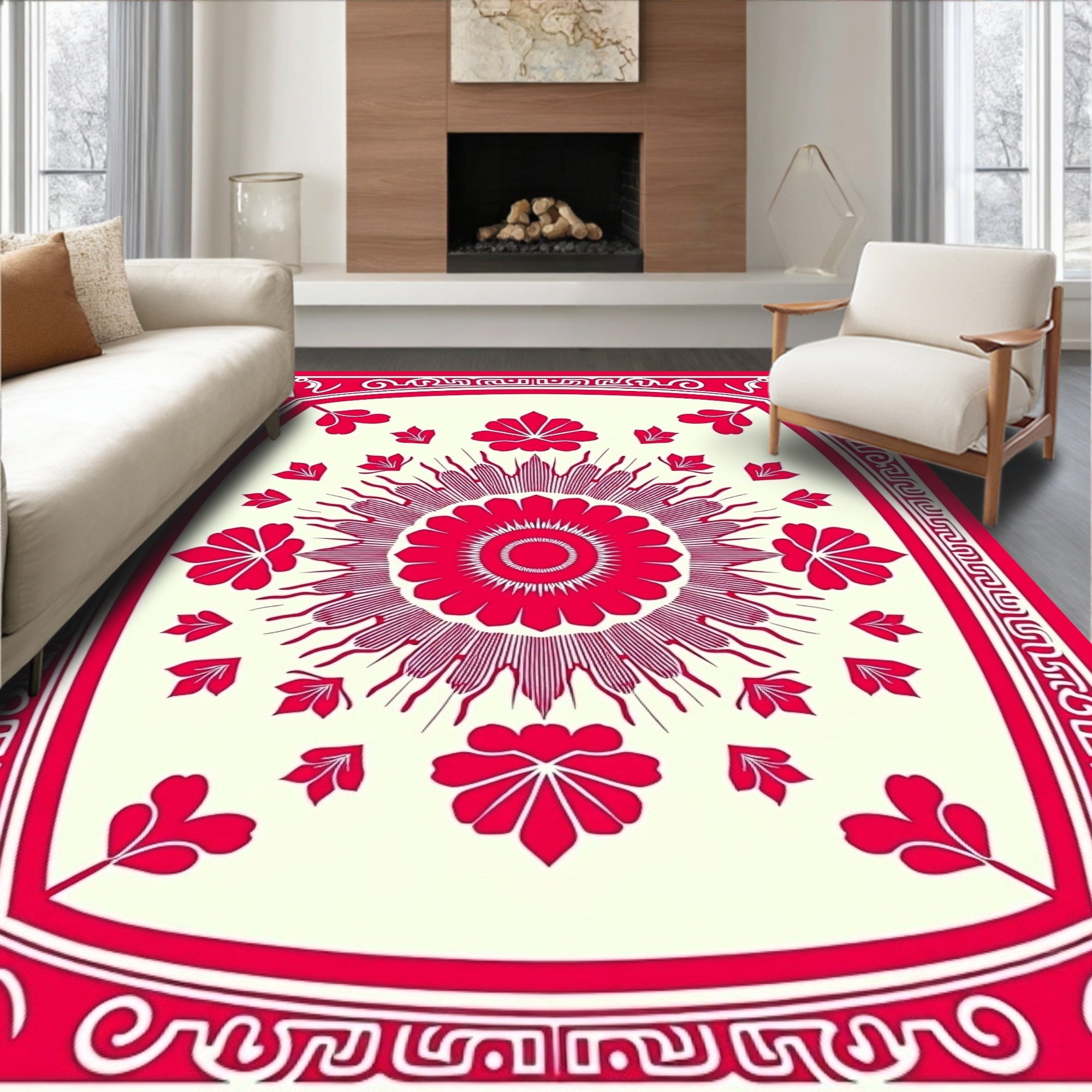 Vibrant Red Festive Floral Design Rug
