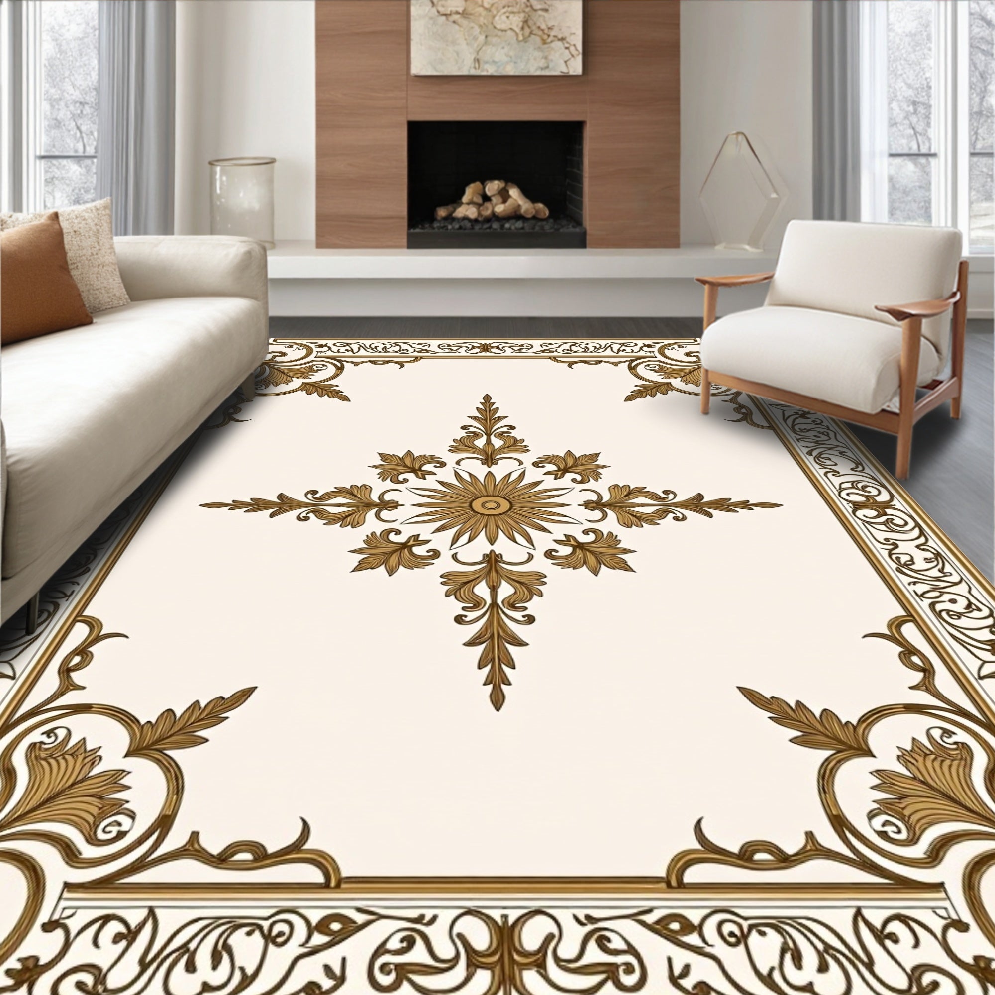 Elegant Gold Floral Medallion Border Rug