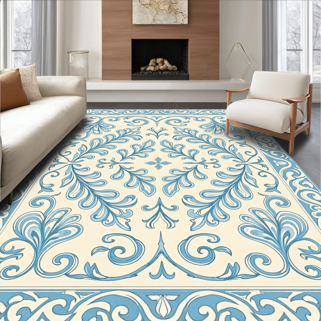 Classic Blue Floral Vine Scroll Pattern Rug