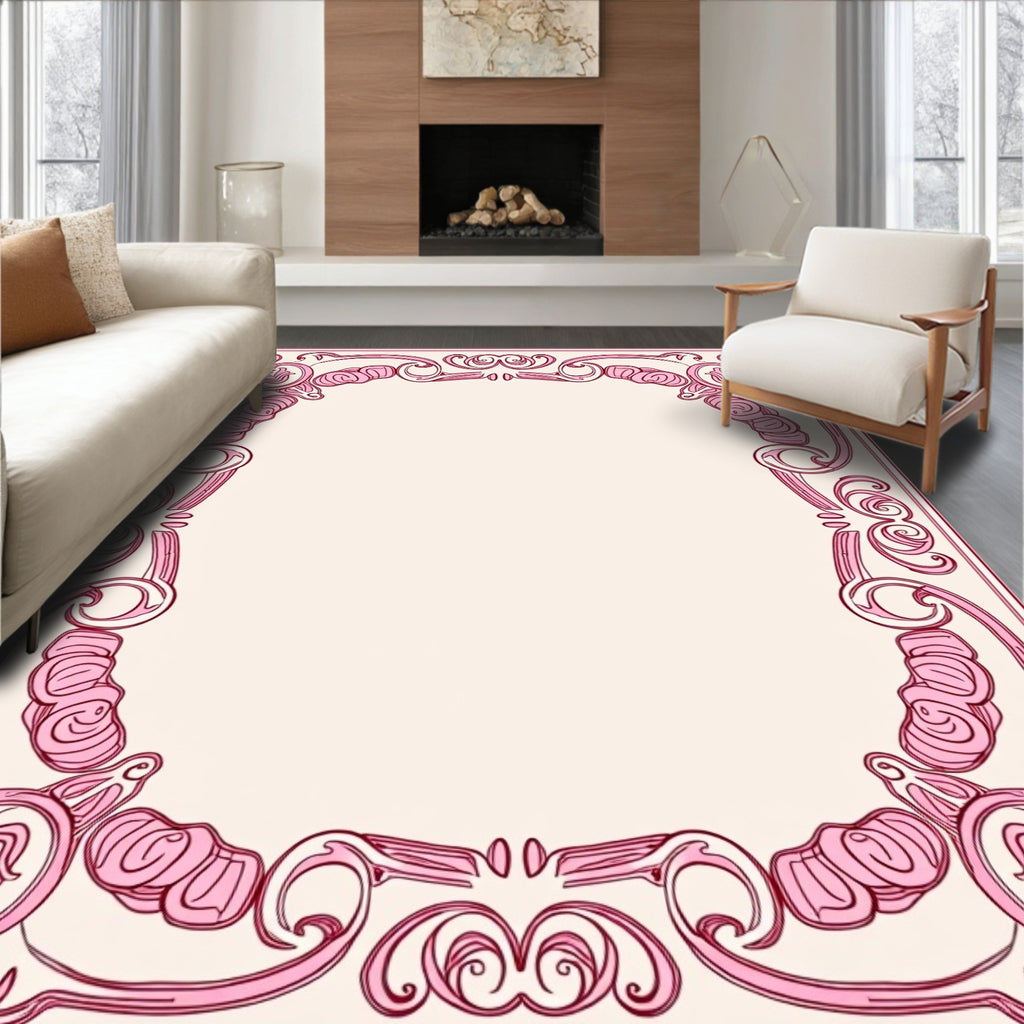 Ornate Pink Floral Scrollwork Border Rug