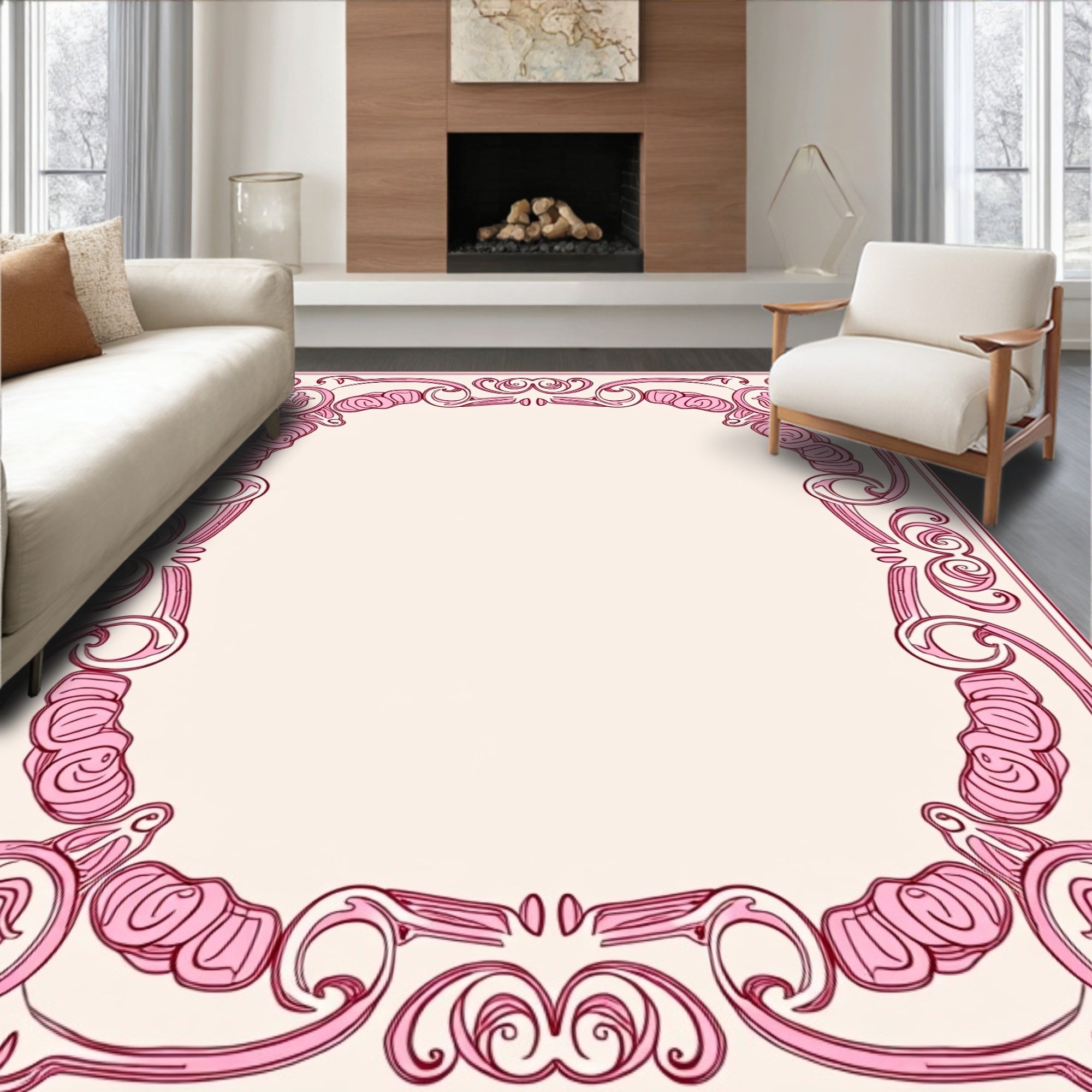 Ornate Pink Floral Scrollwork Border Rug
