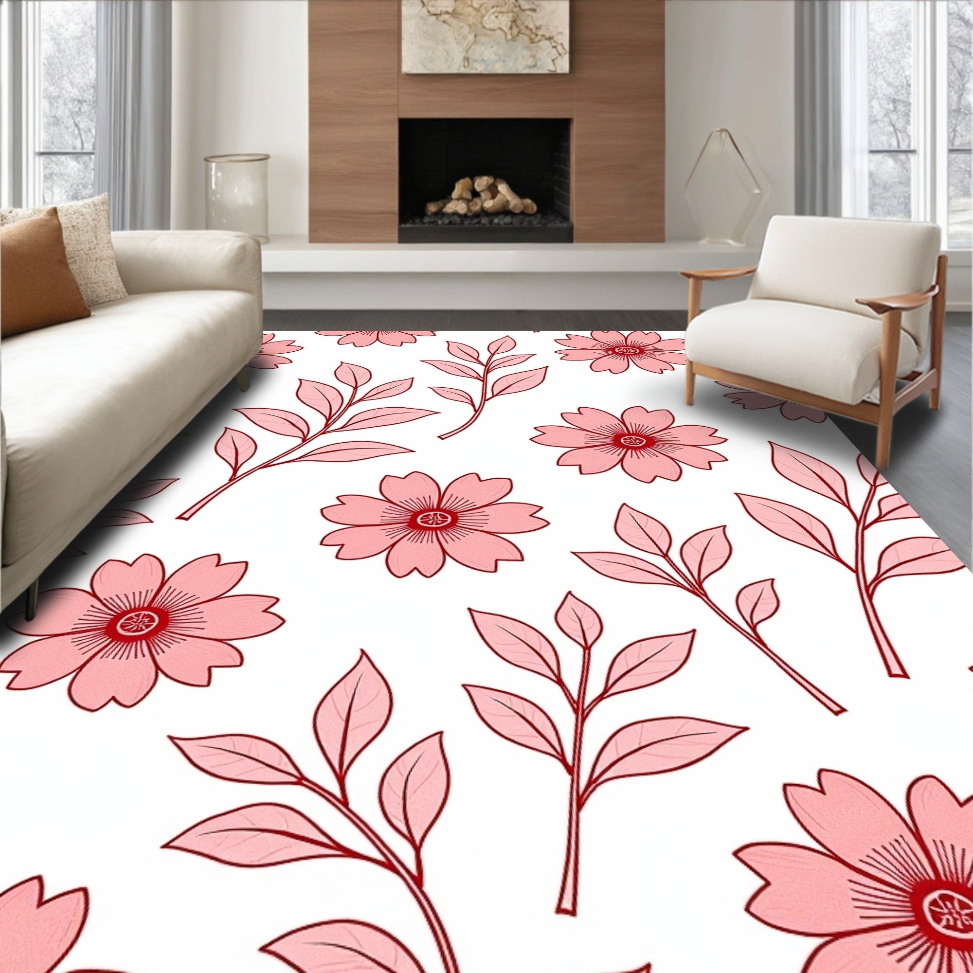 Pink Floral Branches Pattern Rug