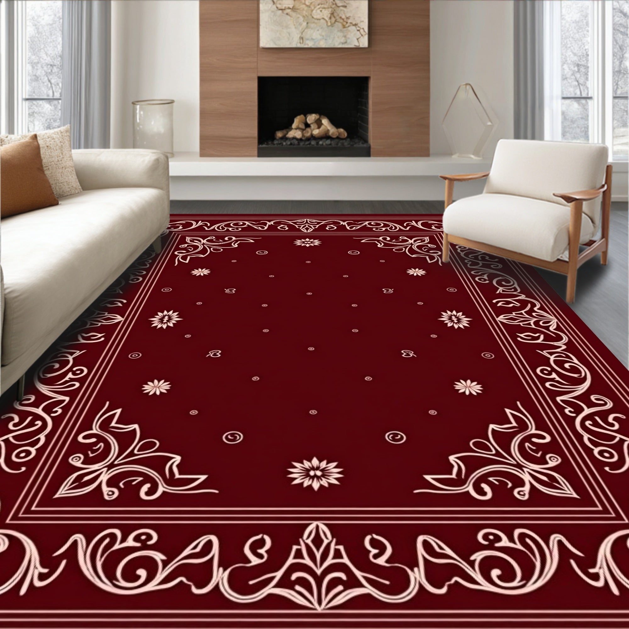 Classic Floral Bordered Red Rug