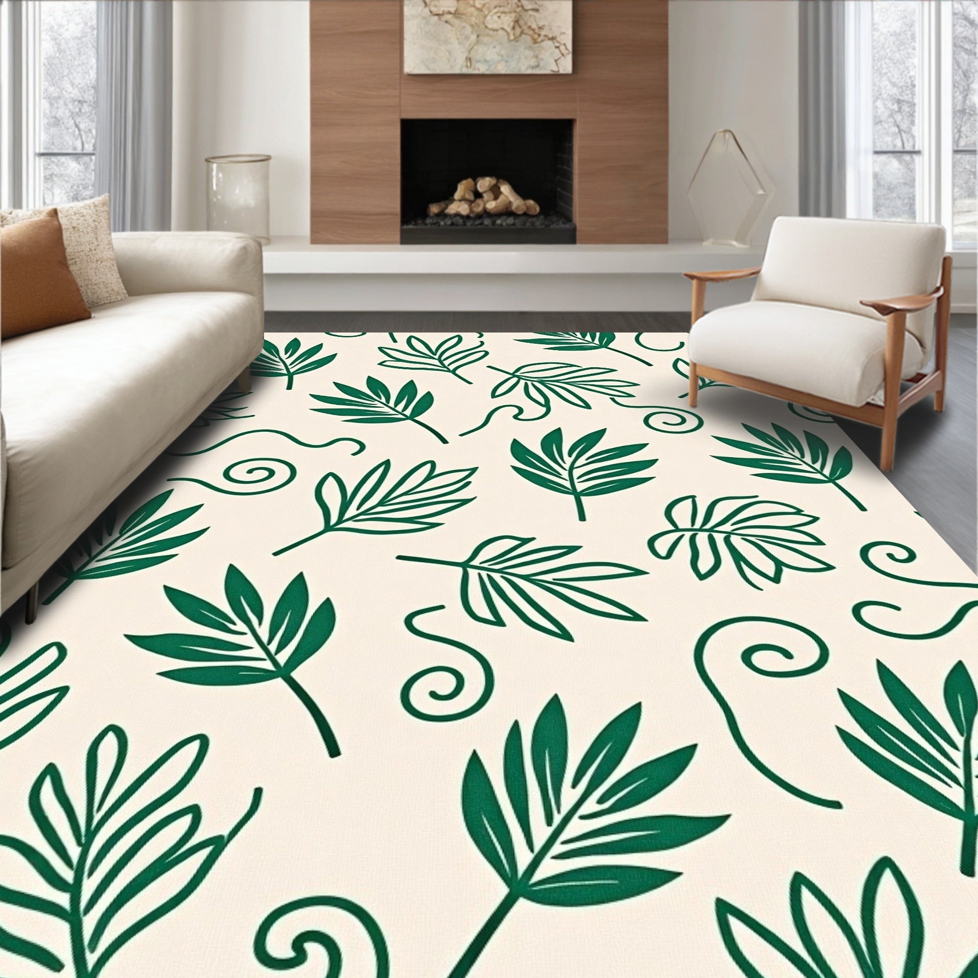 Green Leaf Swirl Pattern Design Rug