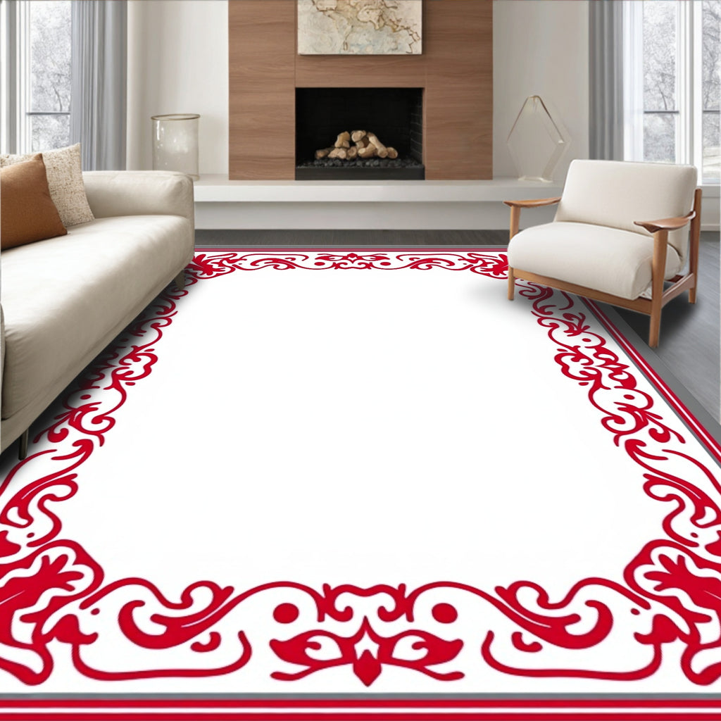 Red Flourish Patterned Frame Design Rug