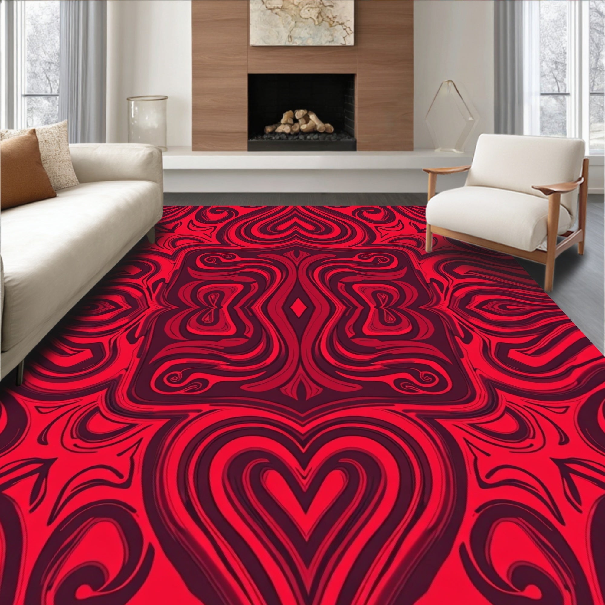 Intricate Red Heart Swirl Rug