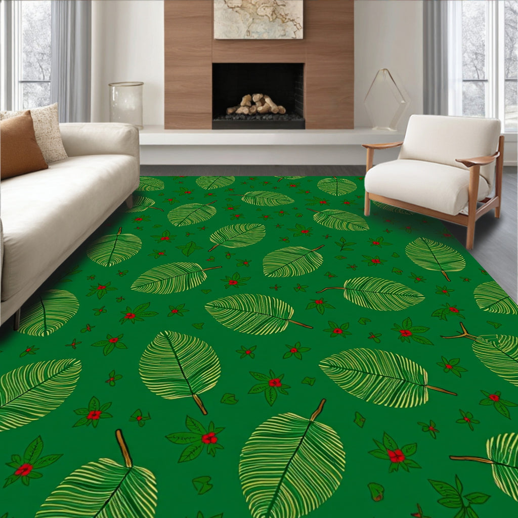 Green Leaves With Red Berries Pattern Rug
