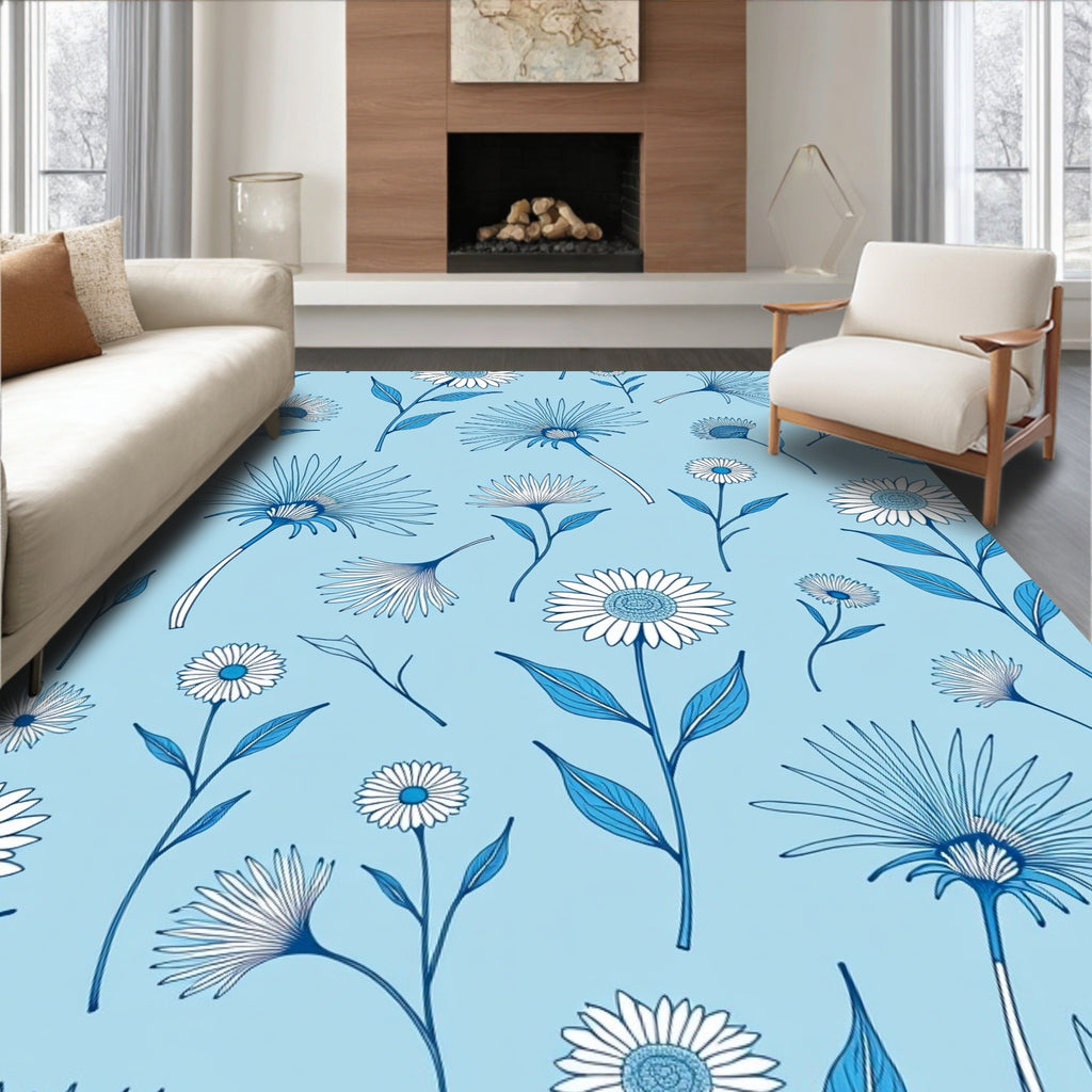 Blue White Floral Daisy Pattern Rug