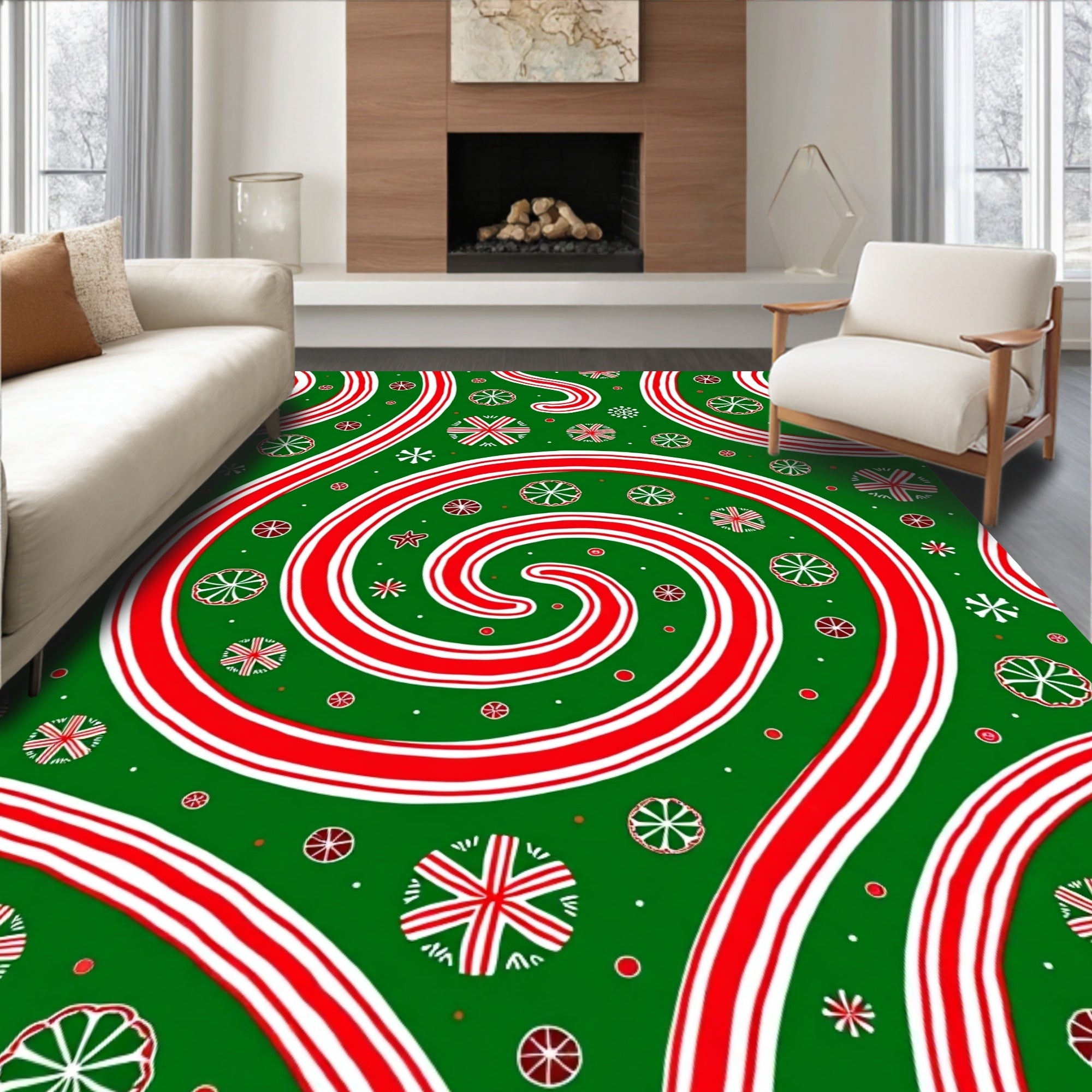 Red Swirl Candy Cane Floral Background Rug