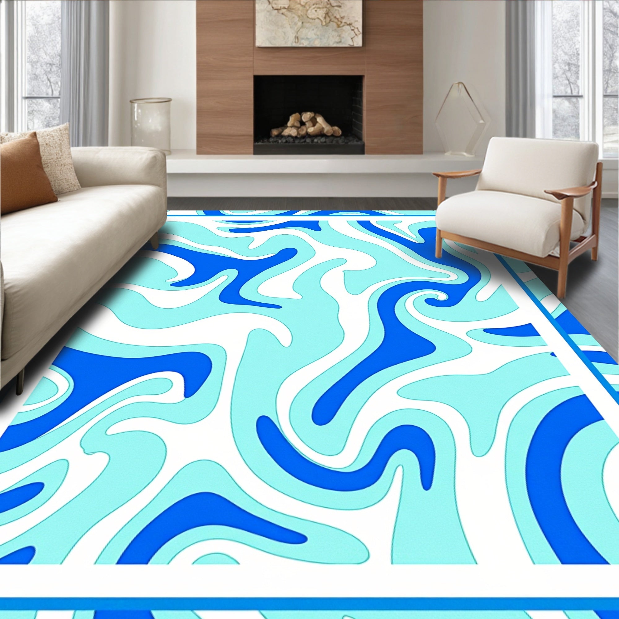 Abstract Aqua Blue Swirl Pattern Rug