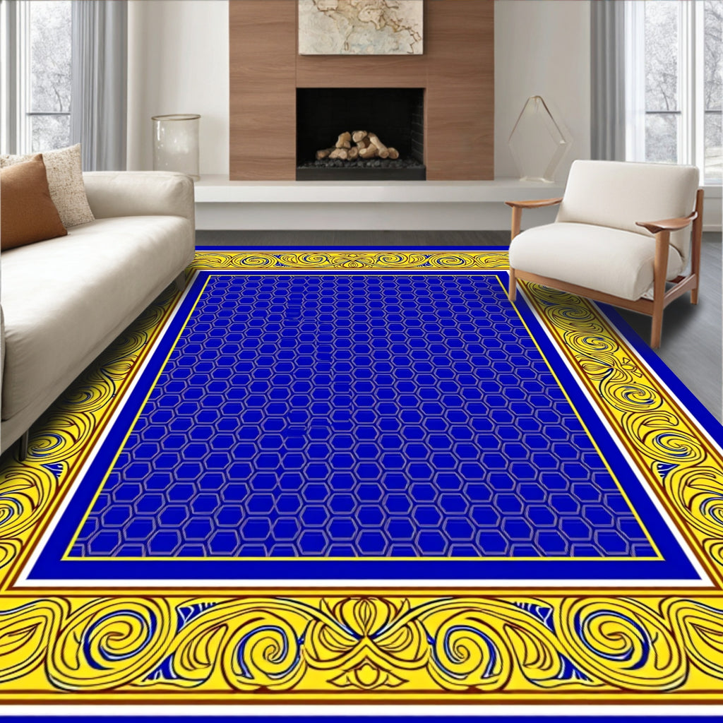 Blue Hexagon With Ornate Yellow Border Rug