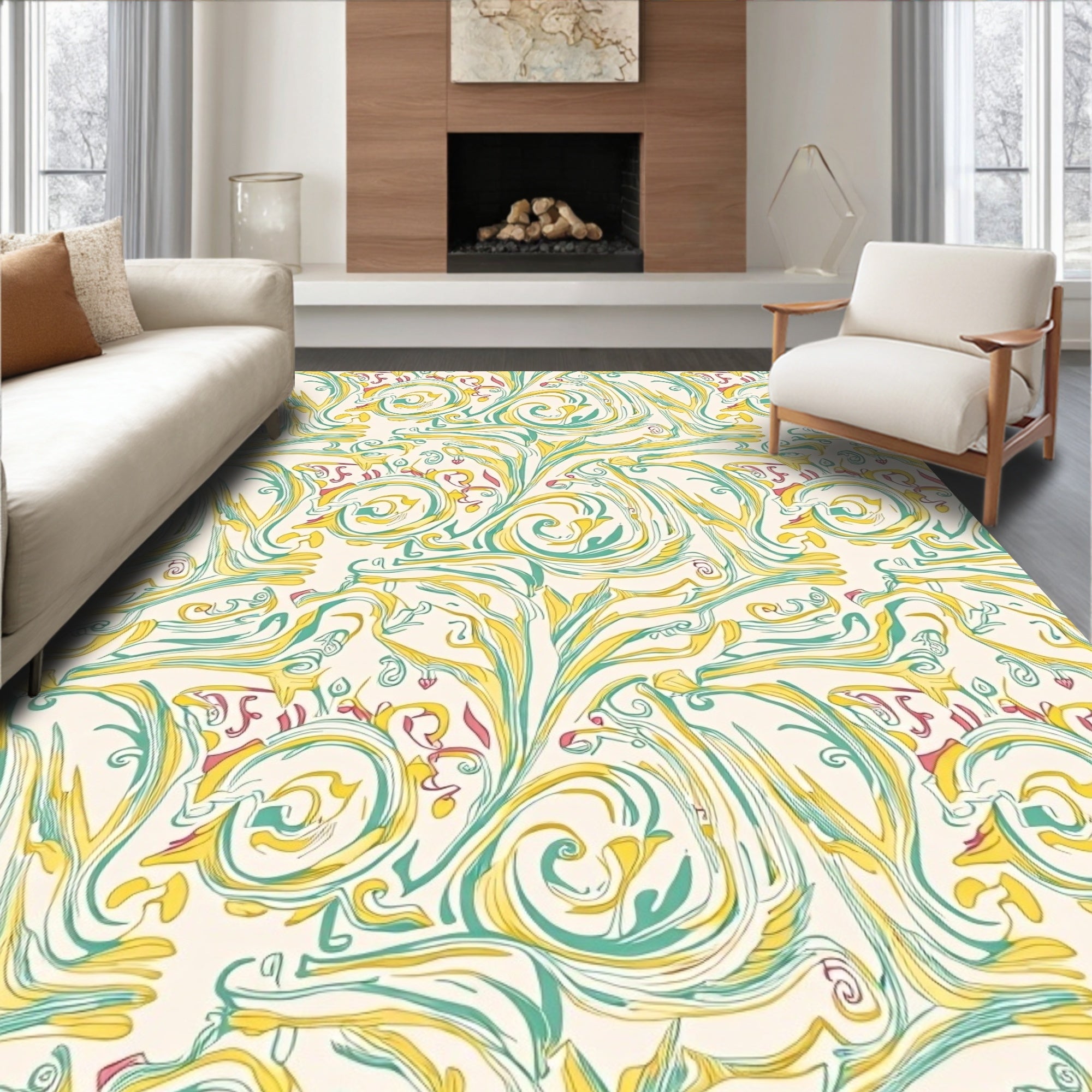 Elegant Scrollwork Nature Pattern Rug