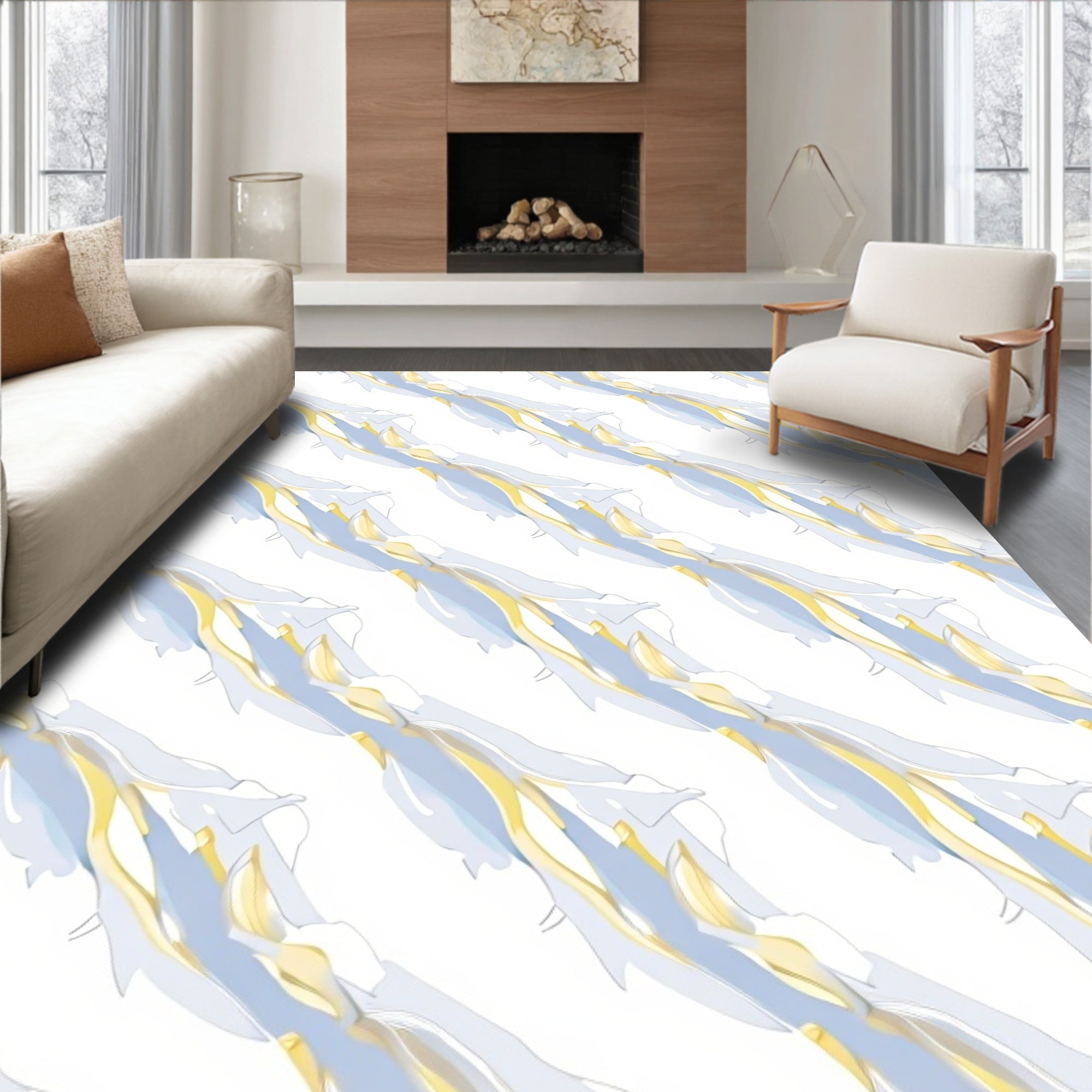Abstract Flowing Light Blue Gold Pattern Rug