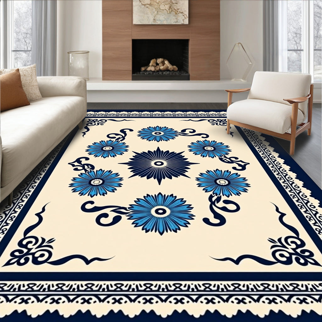 Blue Floral Medallion Cream Rug
