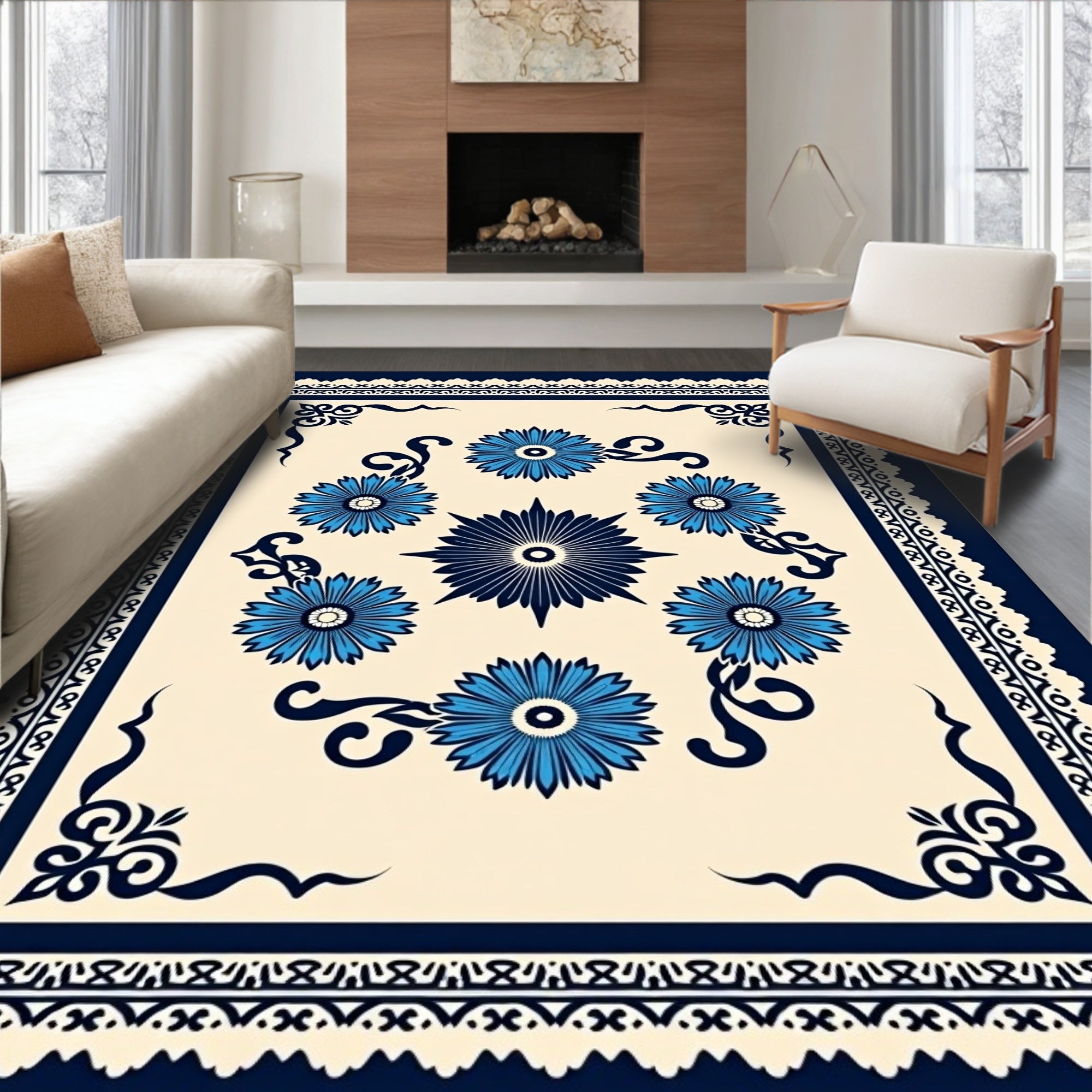Blue Floral Medallion Cream Rug