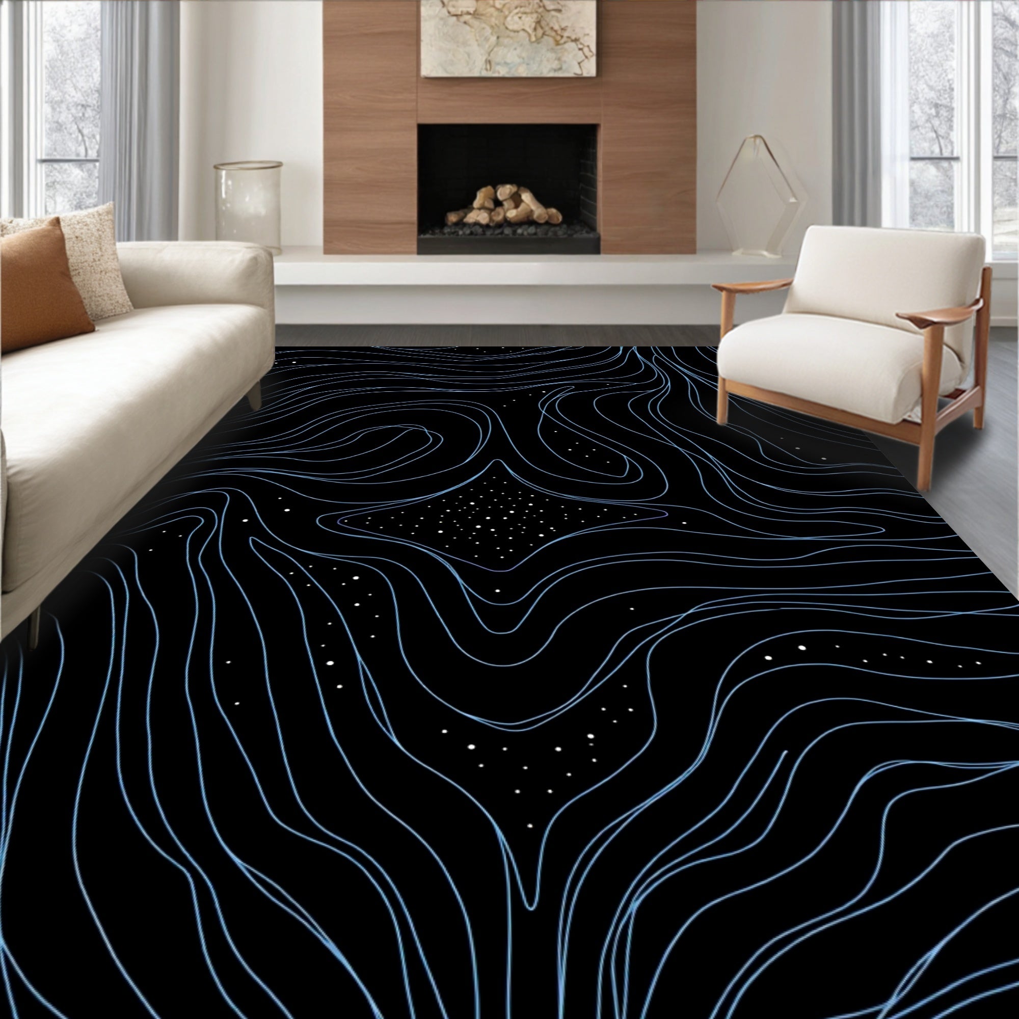 Abstract Swirl Blue Contour Dots Pattern Rug