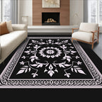 Ornate Floral Vine Black White Rug
