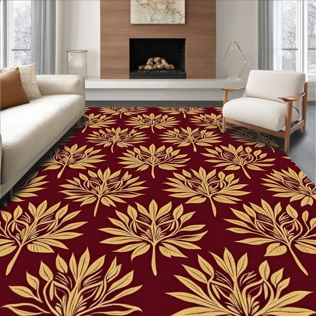 Golden Leaf Pattern on Burgundy Background Rug