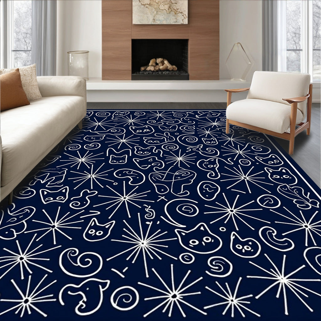 Whimsical Cat Doodle Starburst Pattern Rug