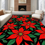 Vibrant Red Flower Leaf Pattern Rug