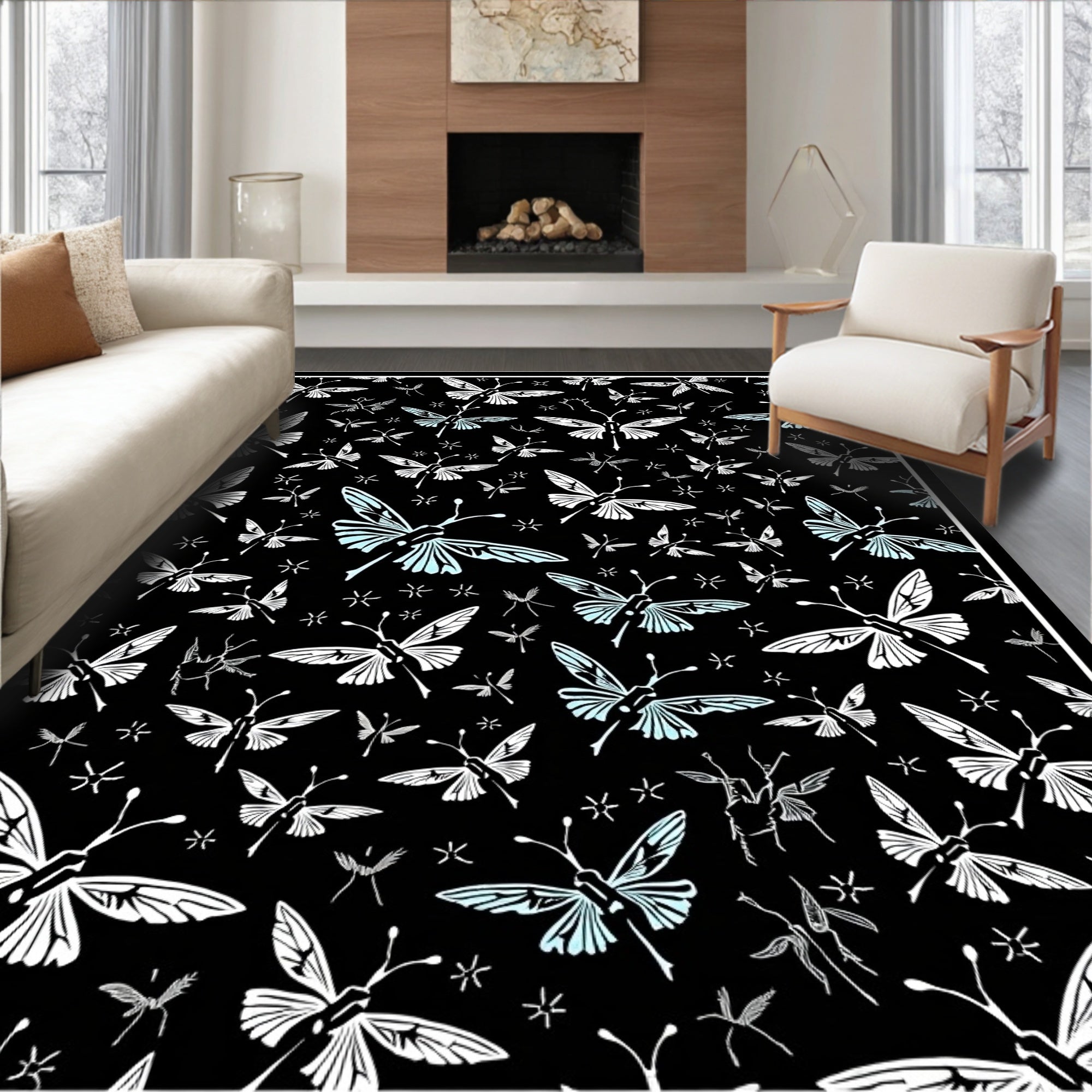 Black Butterfly And Star Pattern Design Rug