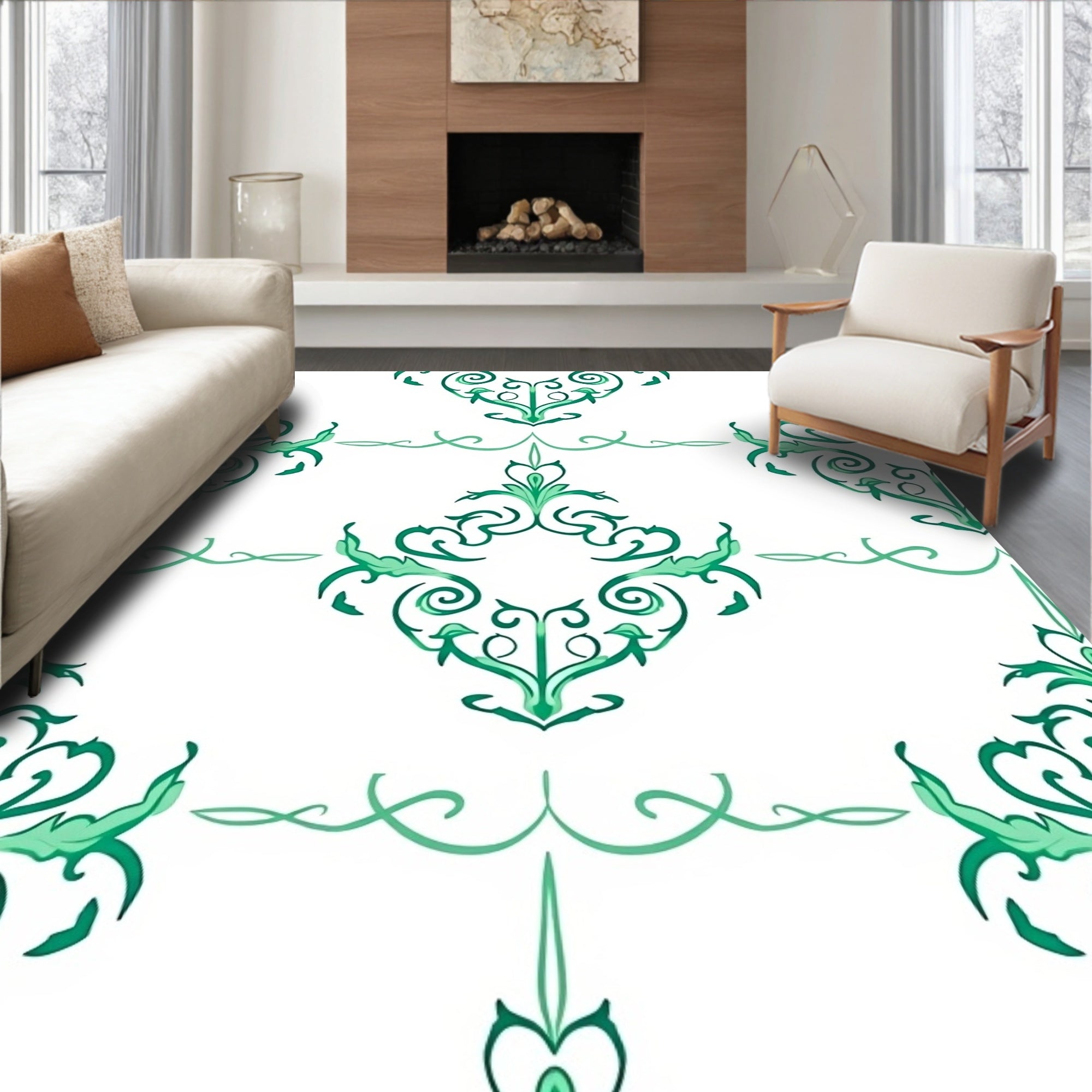 Elegant Green Swirl Floral Pattern Rug