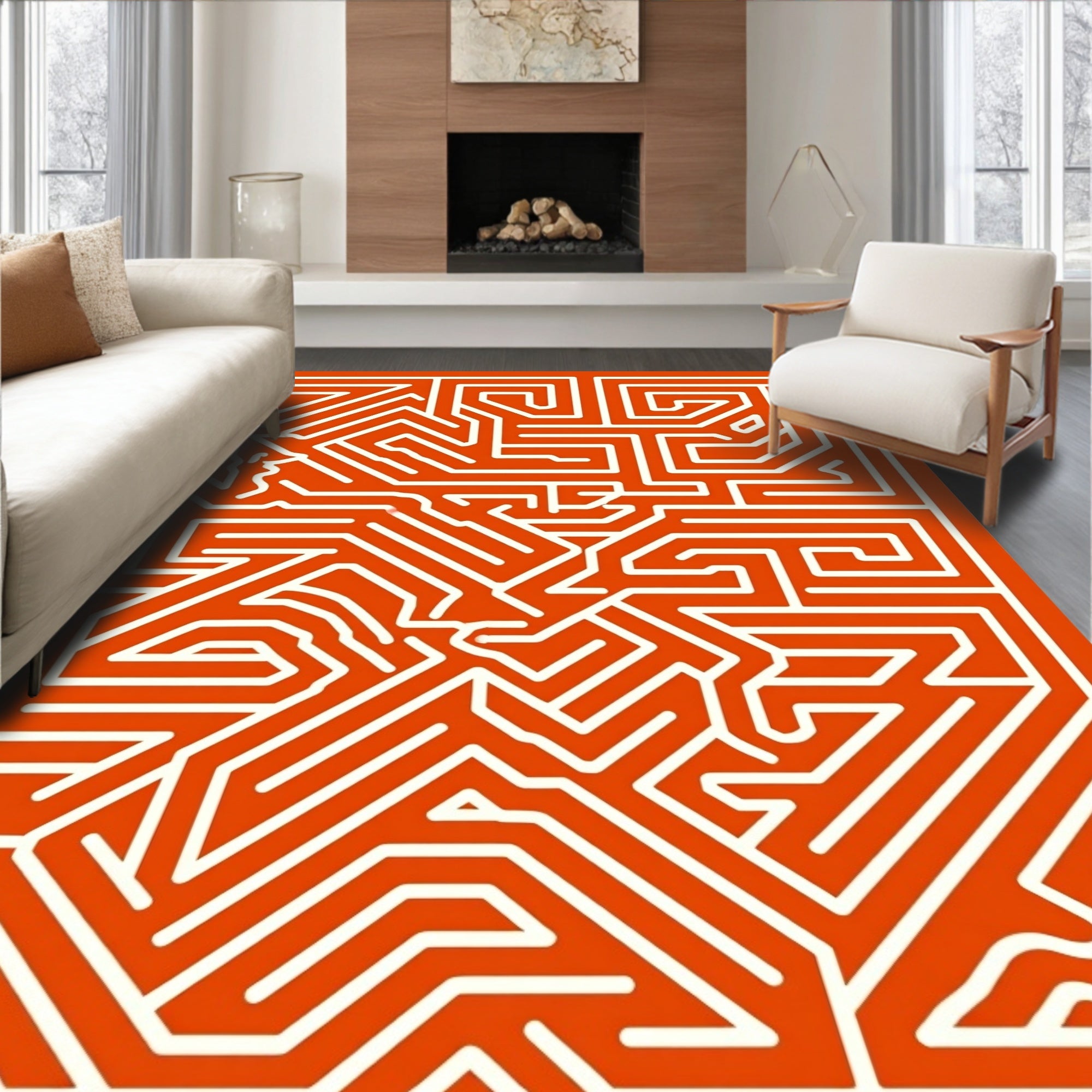 Modern Orange Abstract Maze Design Rug