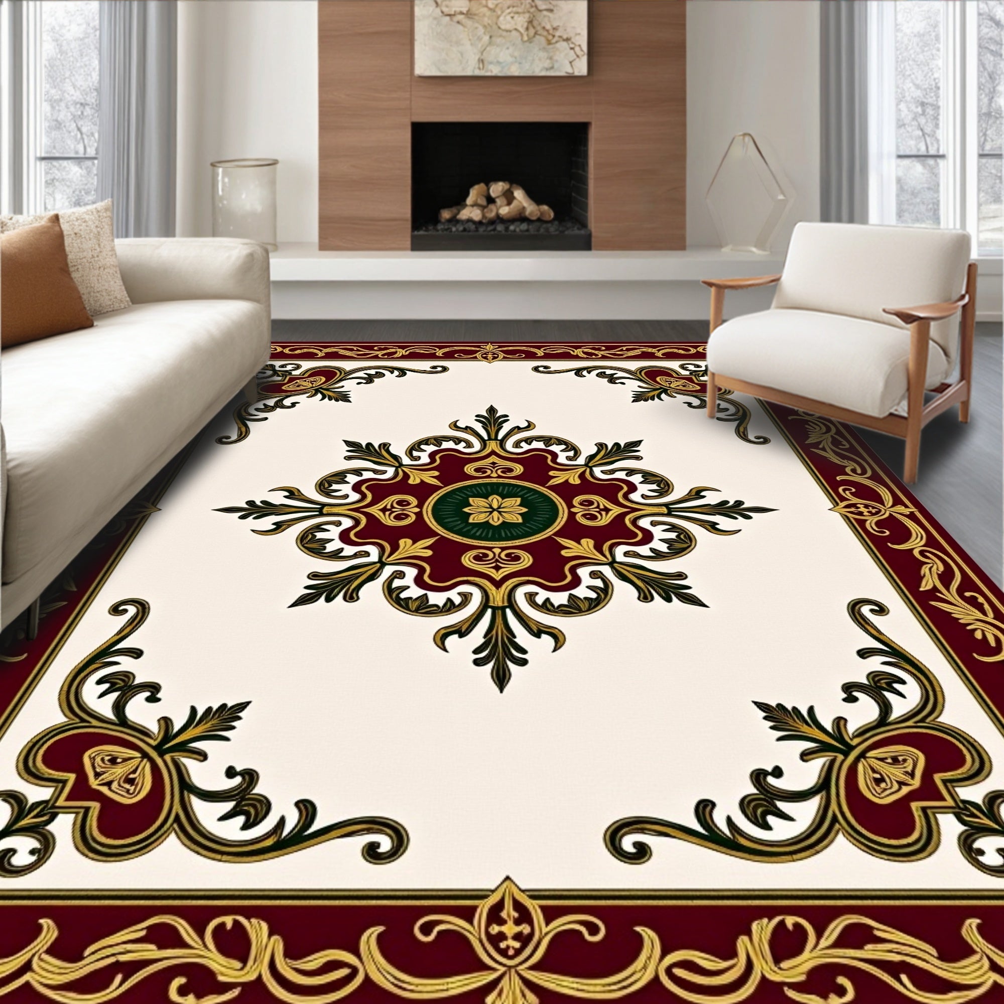 Ornate Gold Red Floral Centerpiece Rug