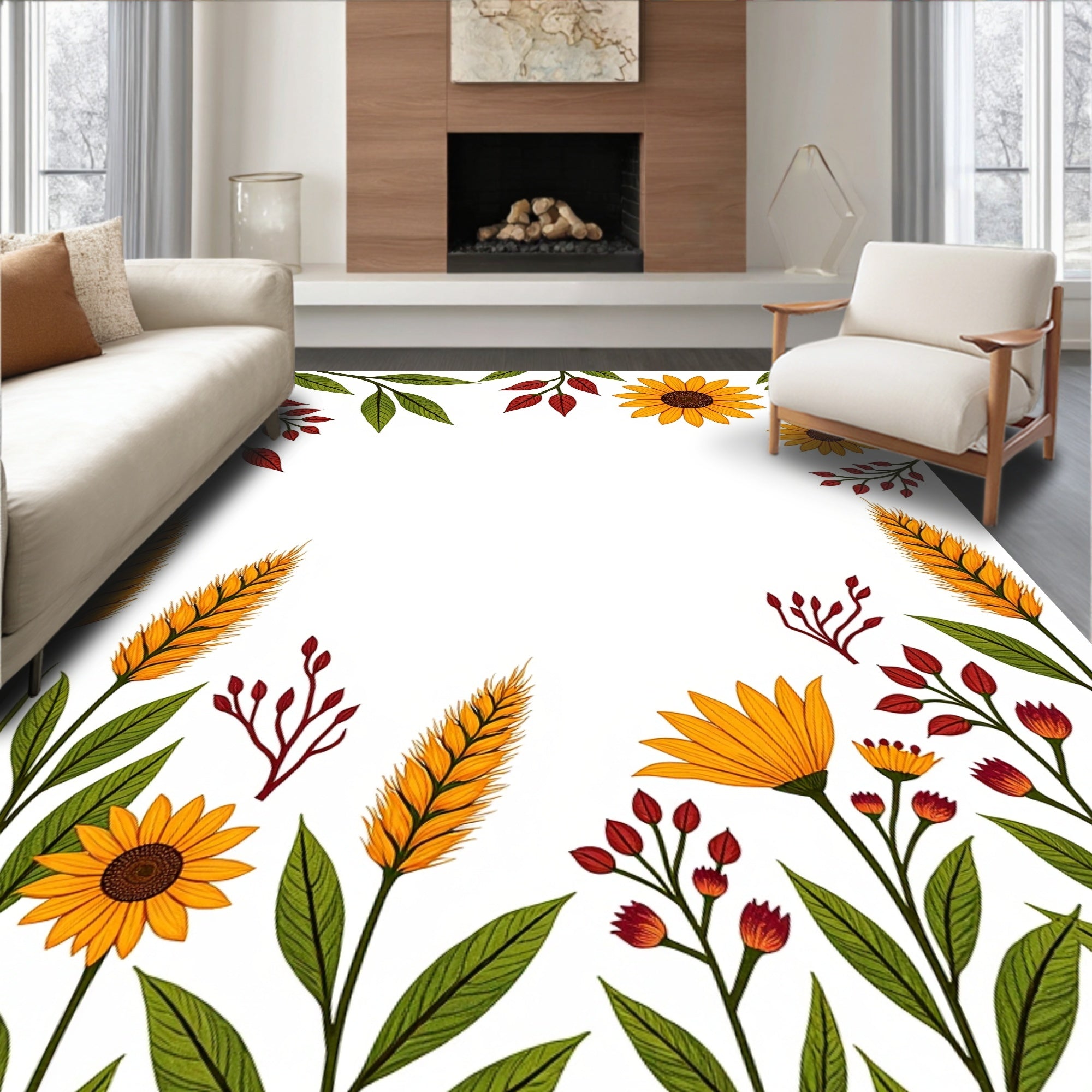 Autumnal Floral Wheat Pattern Design Rug