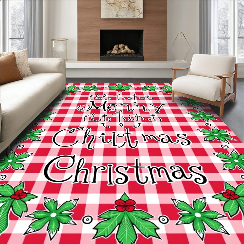 Red Gingham Festive Foliage Pattern Rug