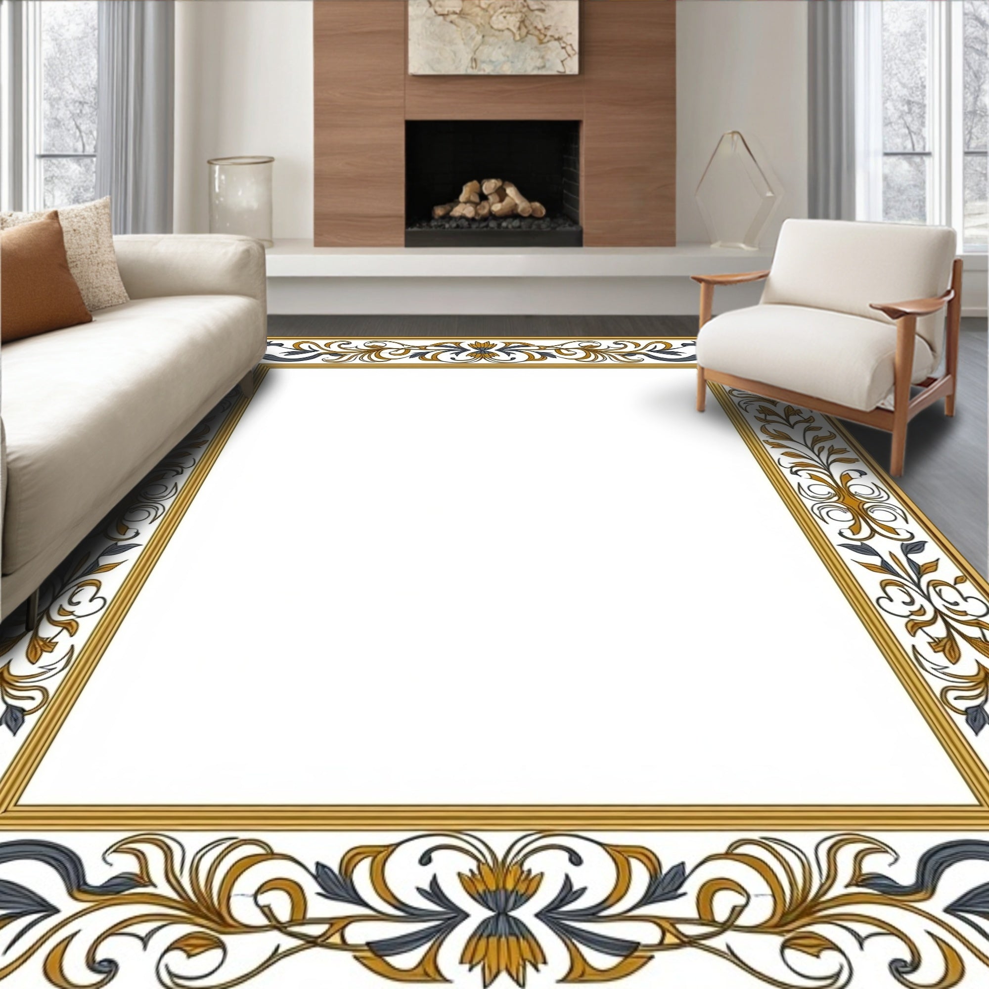 Ornate Floral Vine Border Design Rug