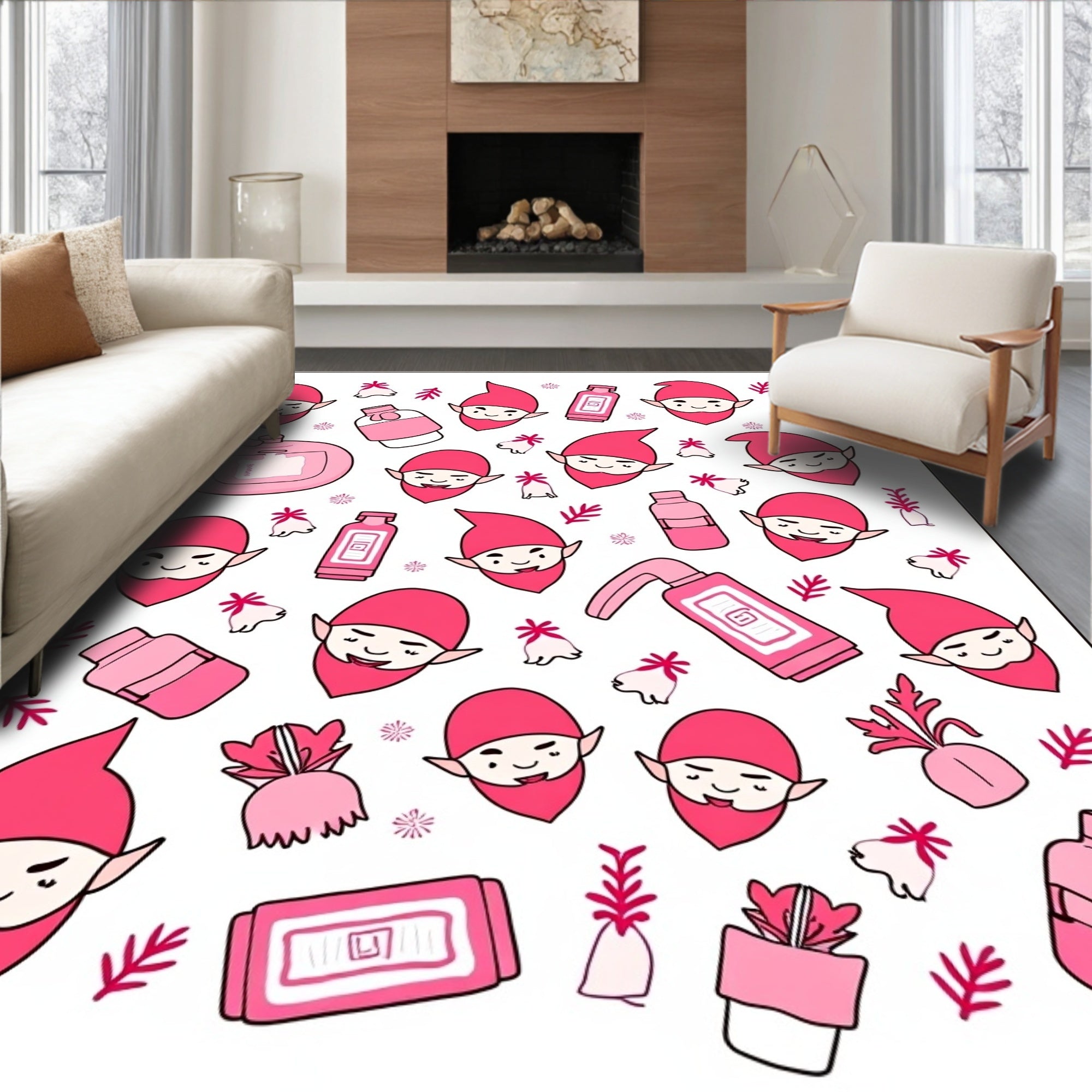 Pink Gnomes And Bottles Repeating Pattern Rug
