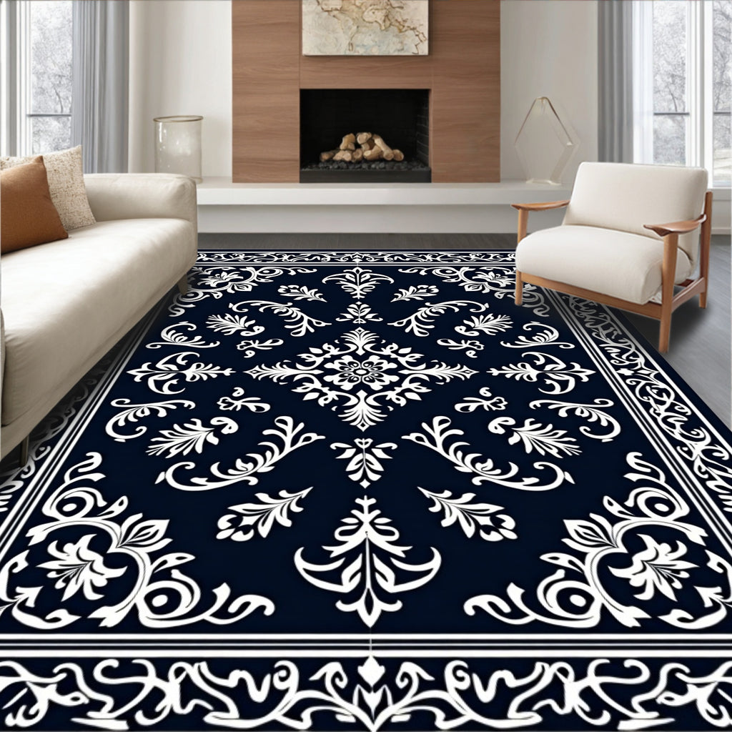 Ornate Floral Scrollwork Indigo Rug