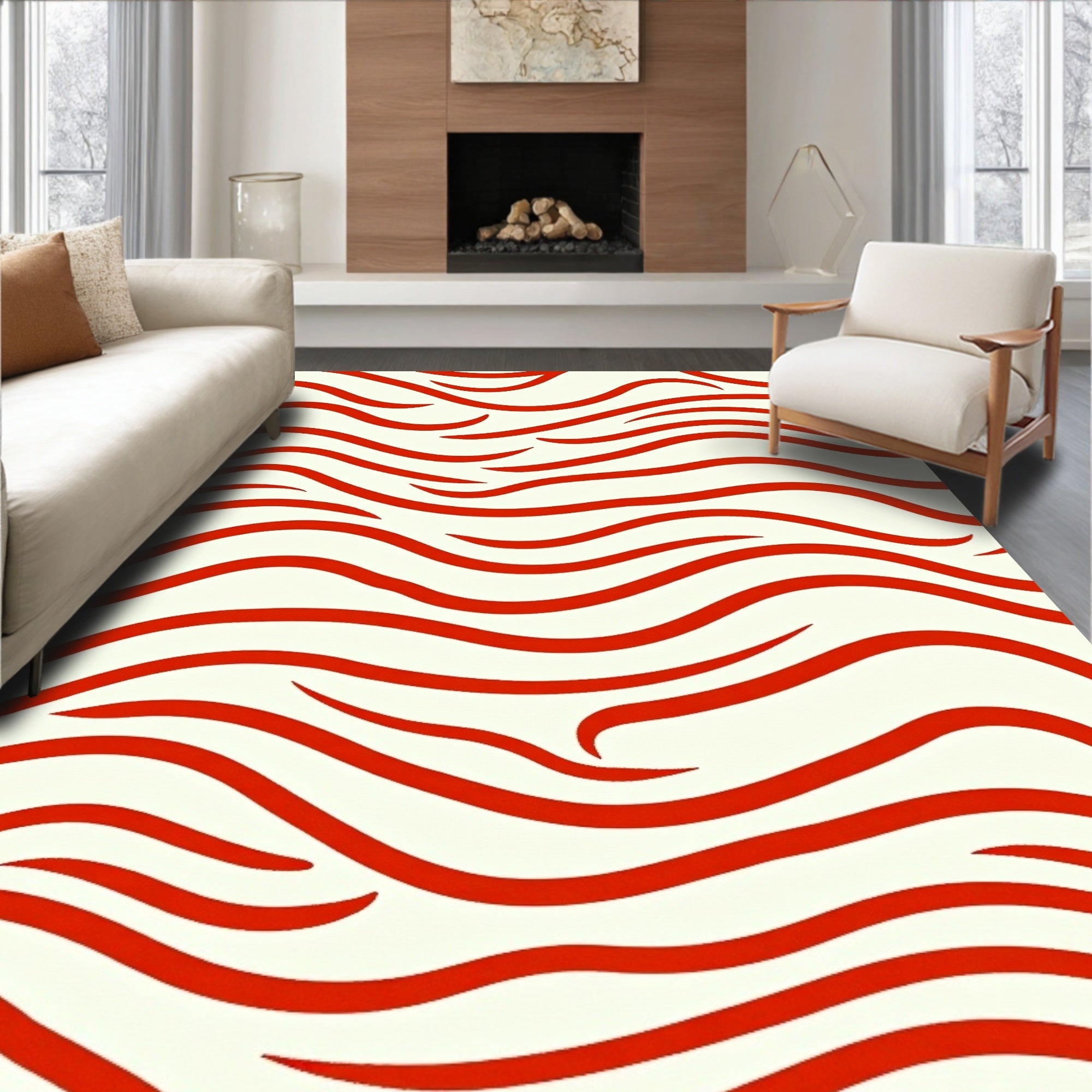 Bold Red Stripe Wave Pattern Rug