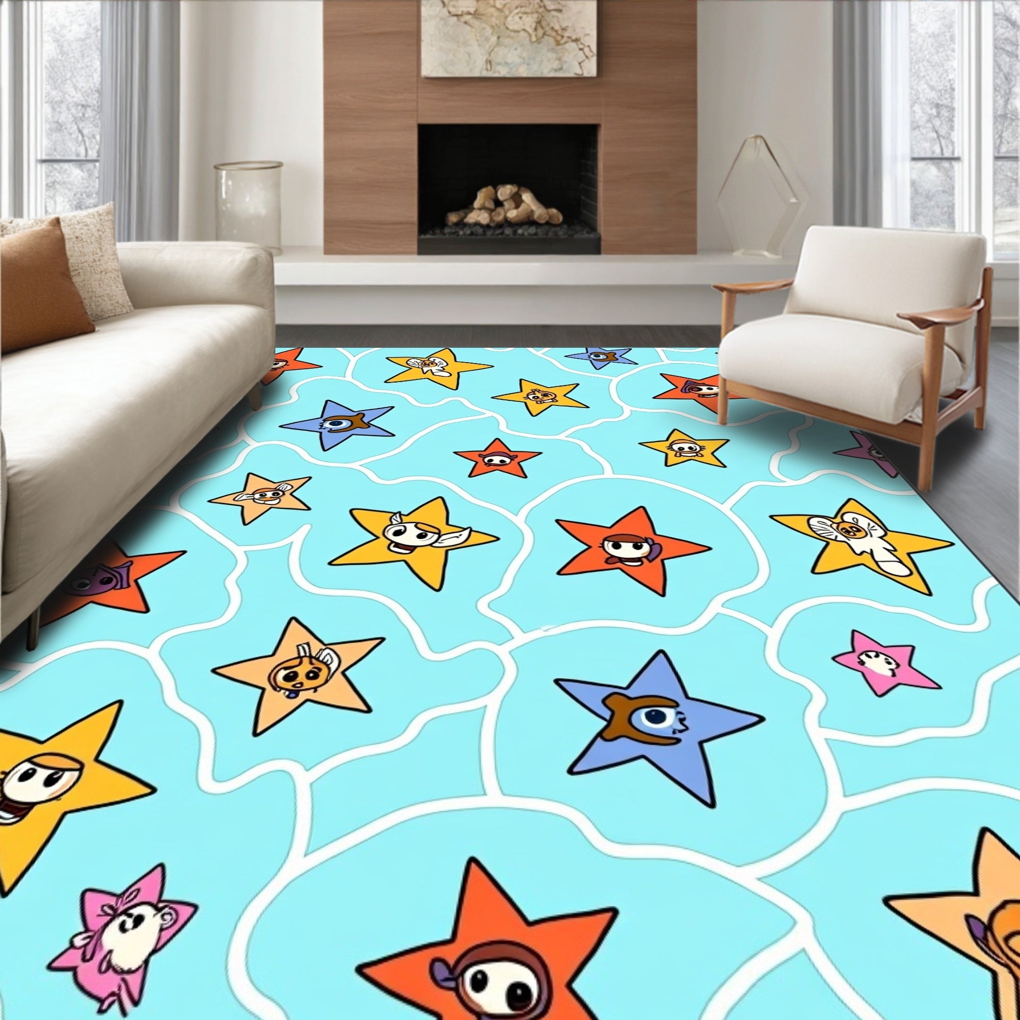 Cartoon Star Pattern with Whimsical Creatures Rug