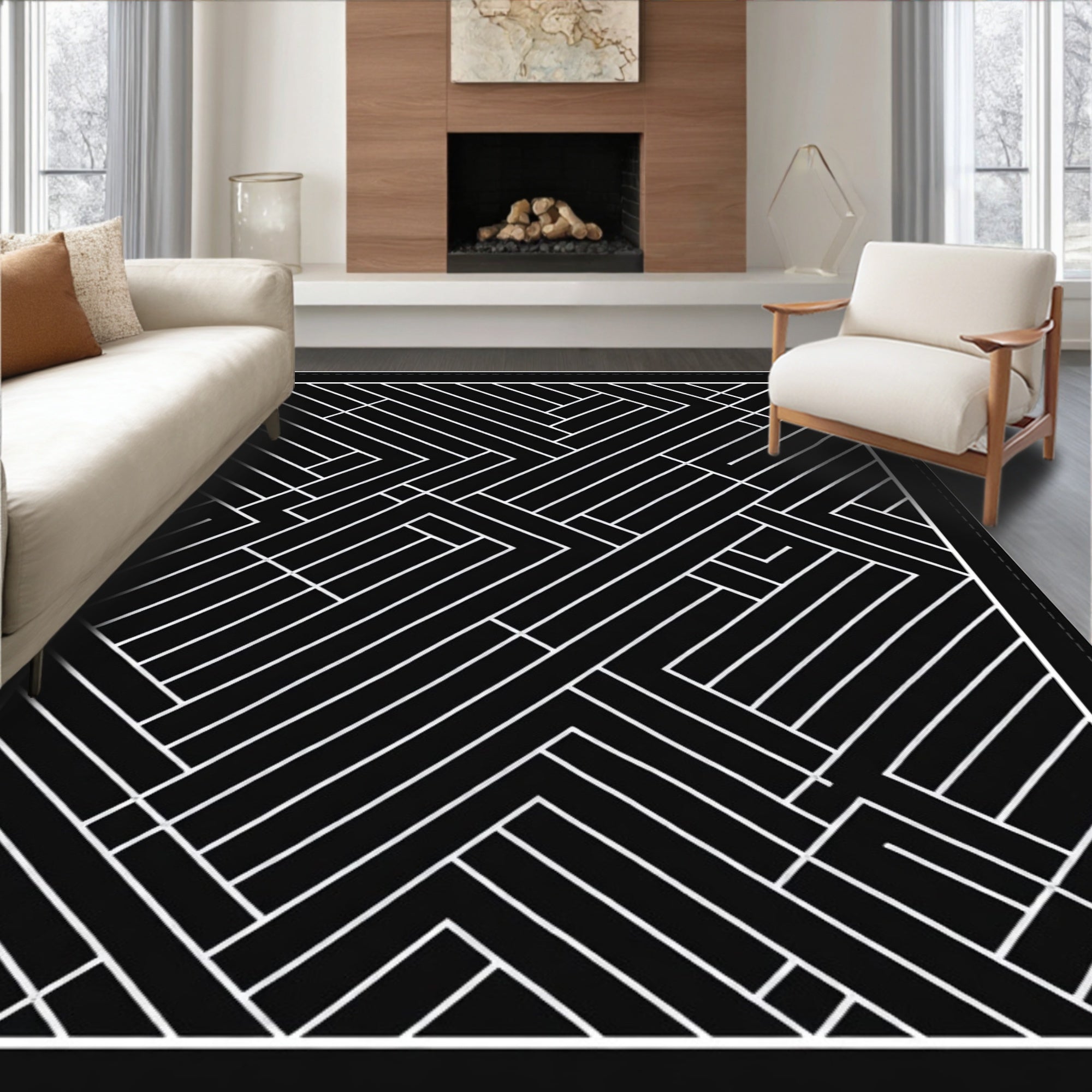 Bold Black White Geometric Maze Rug