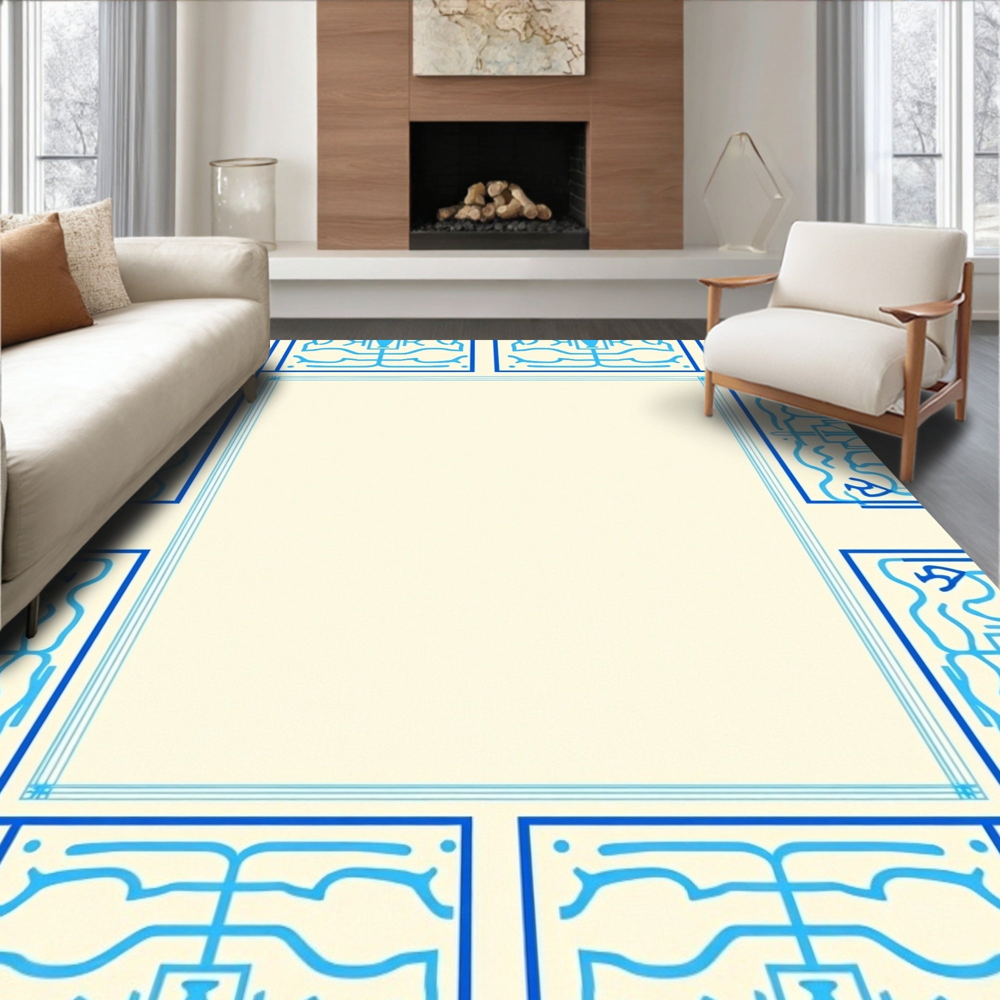 Blue Abstract Bordered Textile Design Rug