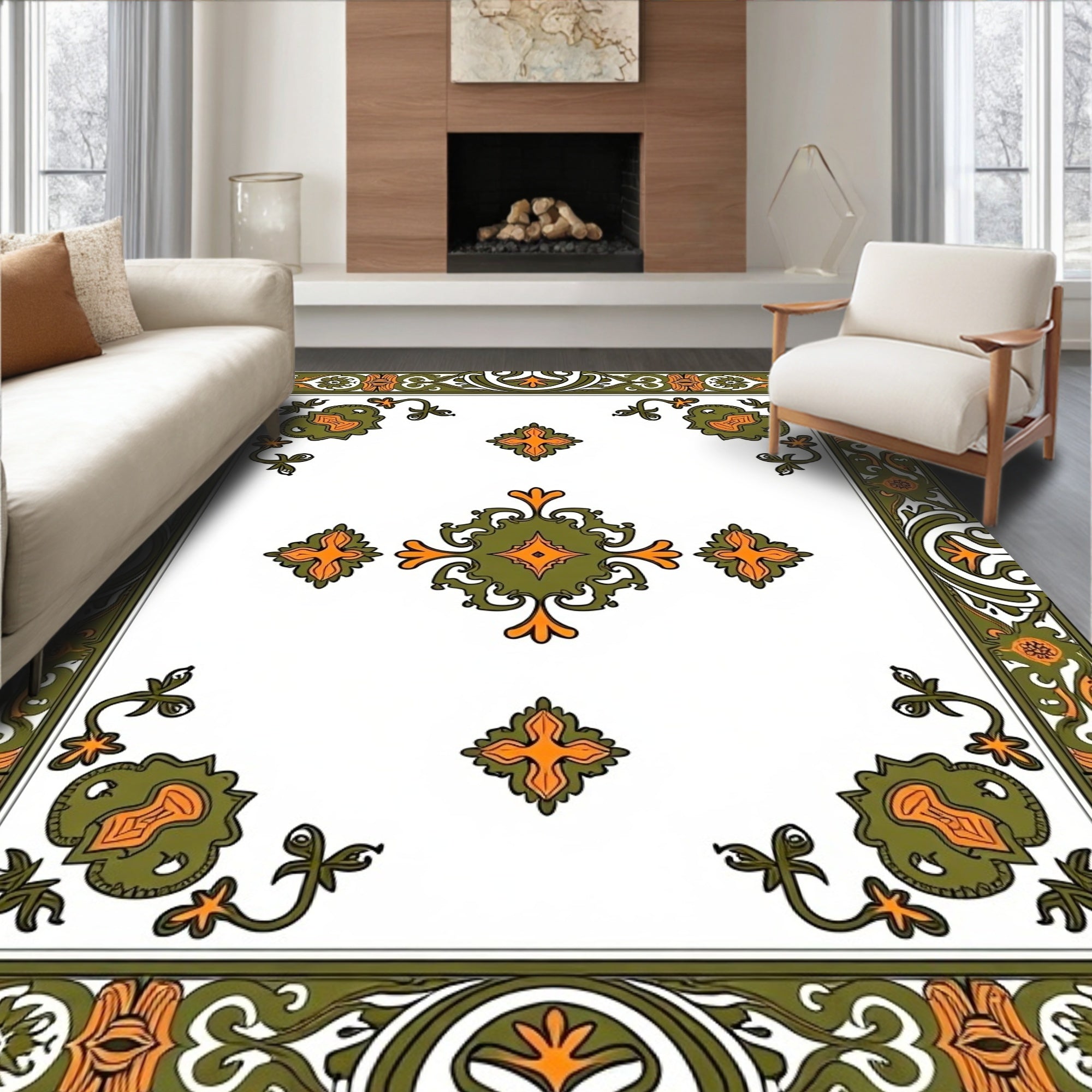 Ornate Green Orange Floral Print Rug