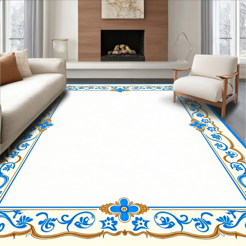 Ornate Blue Gold Floral Border Rug