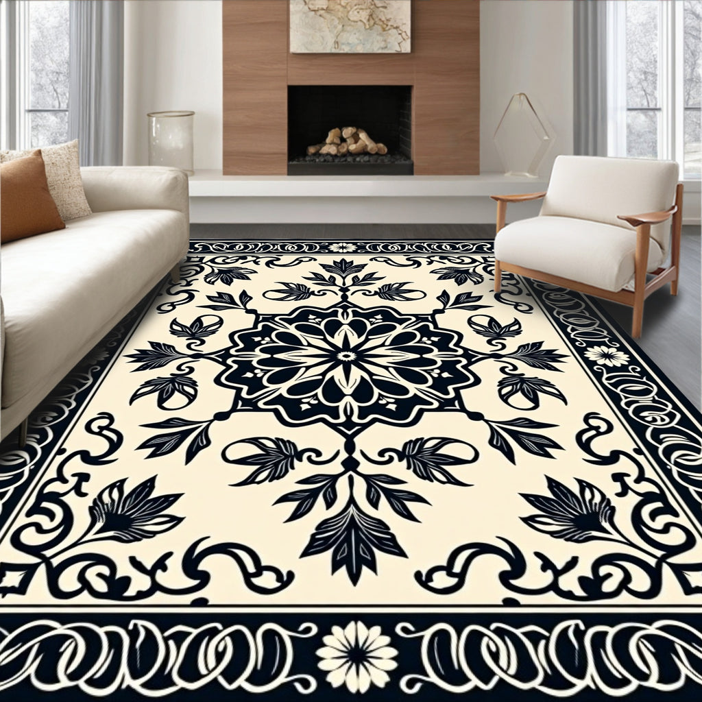Classic Floral Medallion Black Design Rug