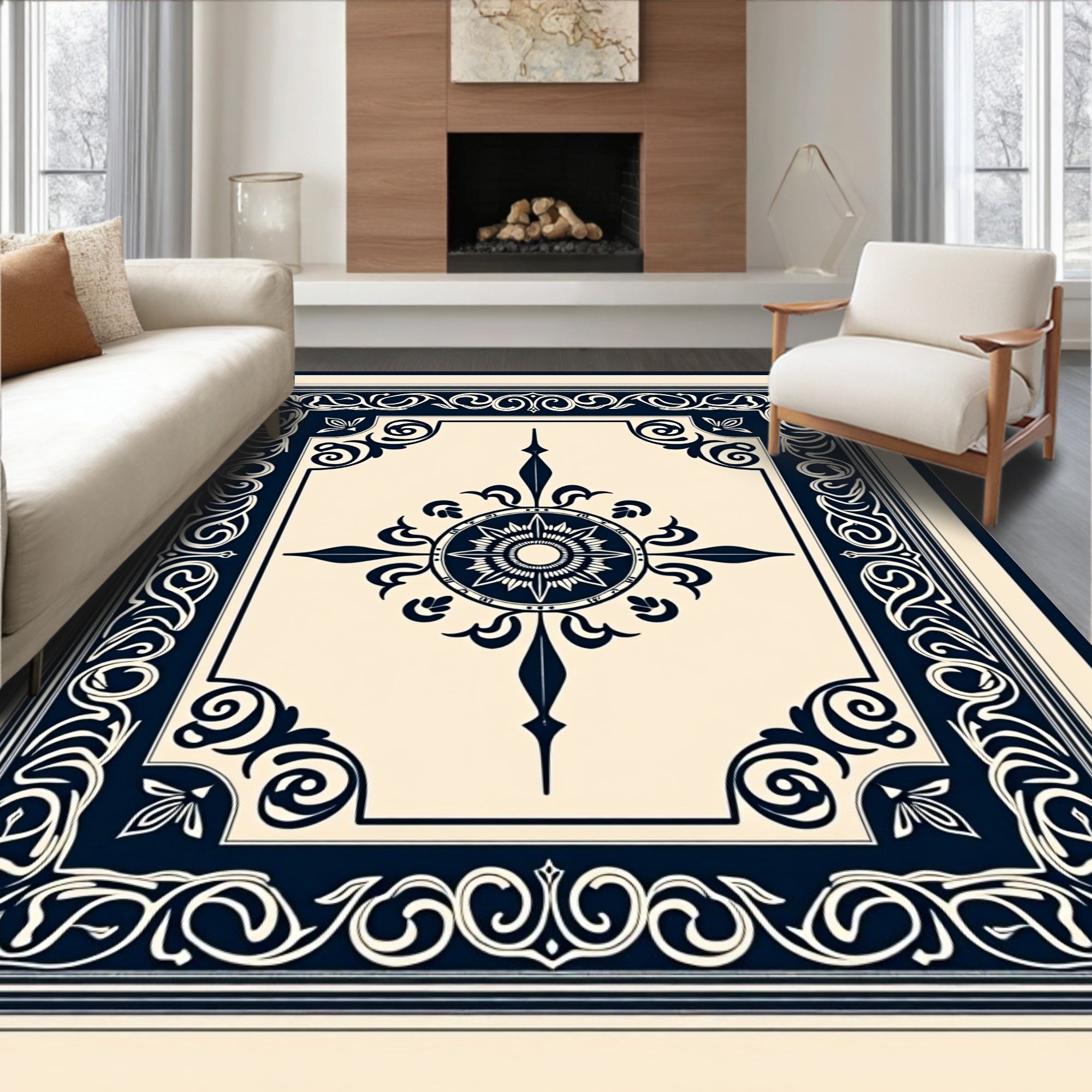 Elegant Navy Starburst Medallion Pattern Rug
