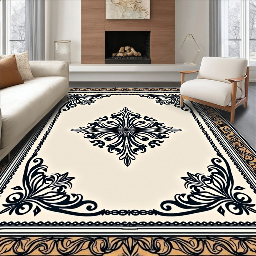 Ornate Black Gold Scroll Pattern Rug